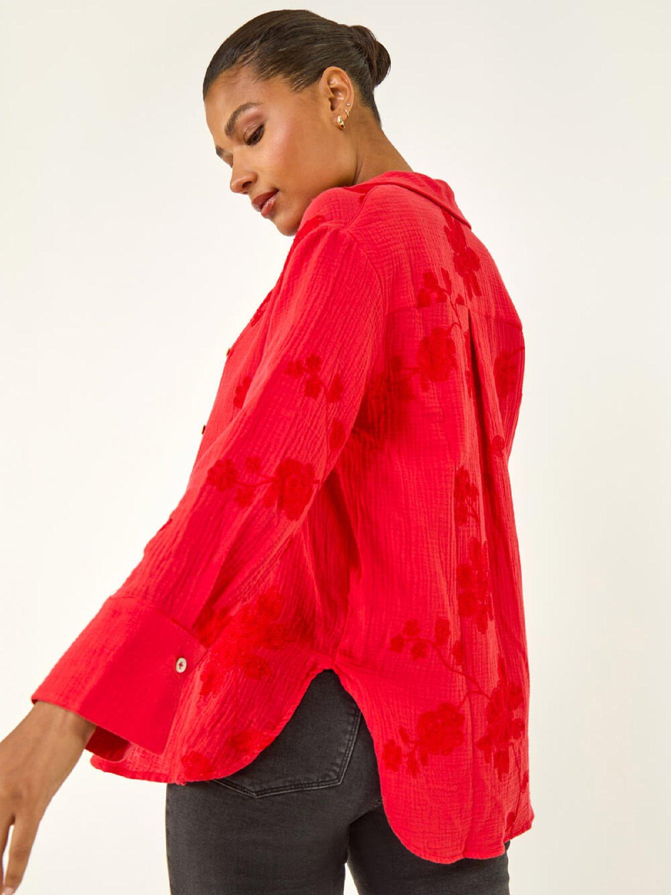 Image 4 of 5 of Roman Floral Embroidered Collared Shirt - Red
