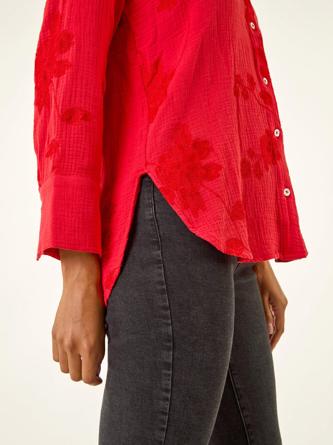 Image 5 of 5 of Roman Floral Embroidered Collared Shirt - Red