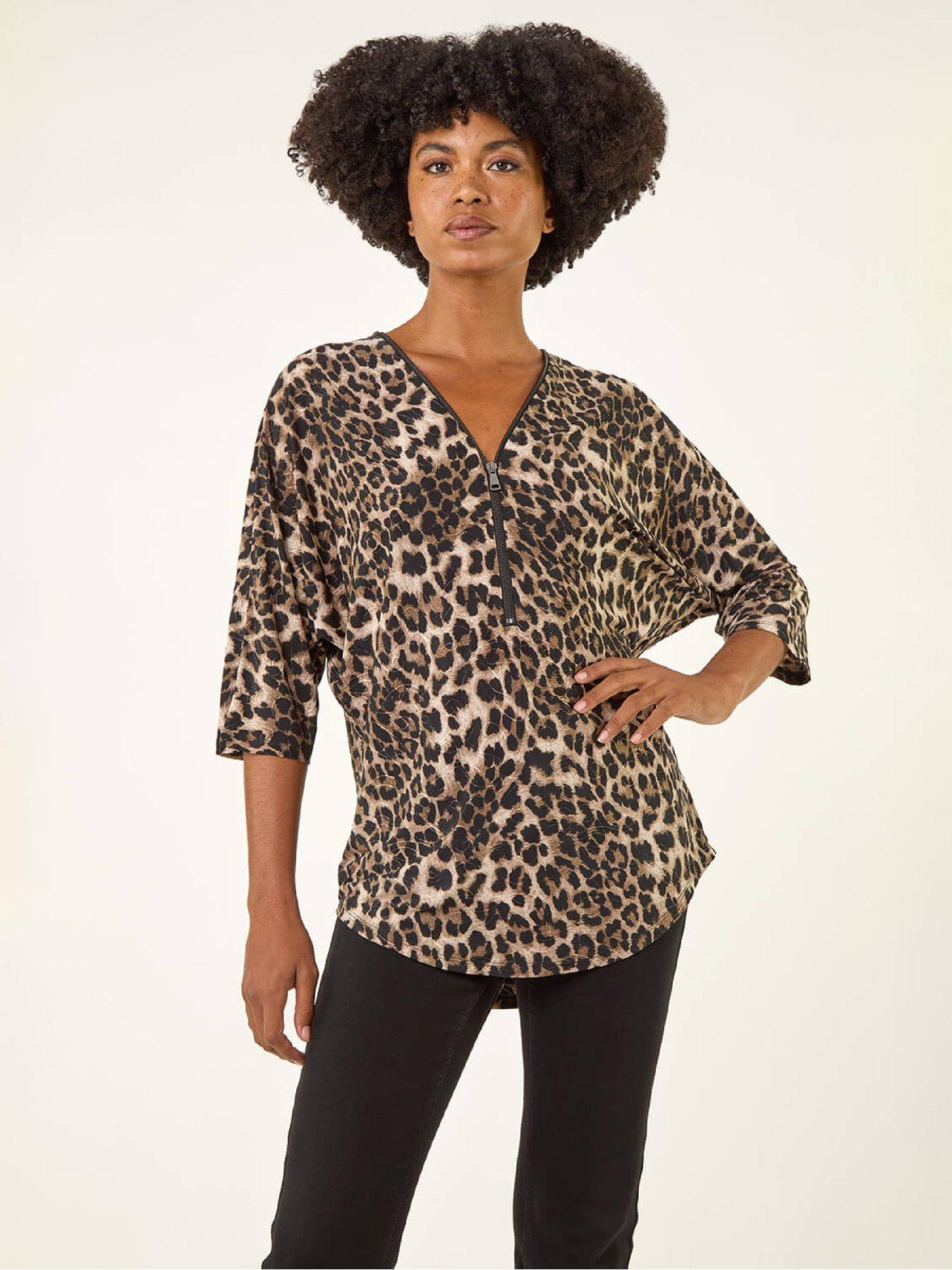 Roman Animal Print Zip Front Stretch Top - Tan