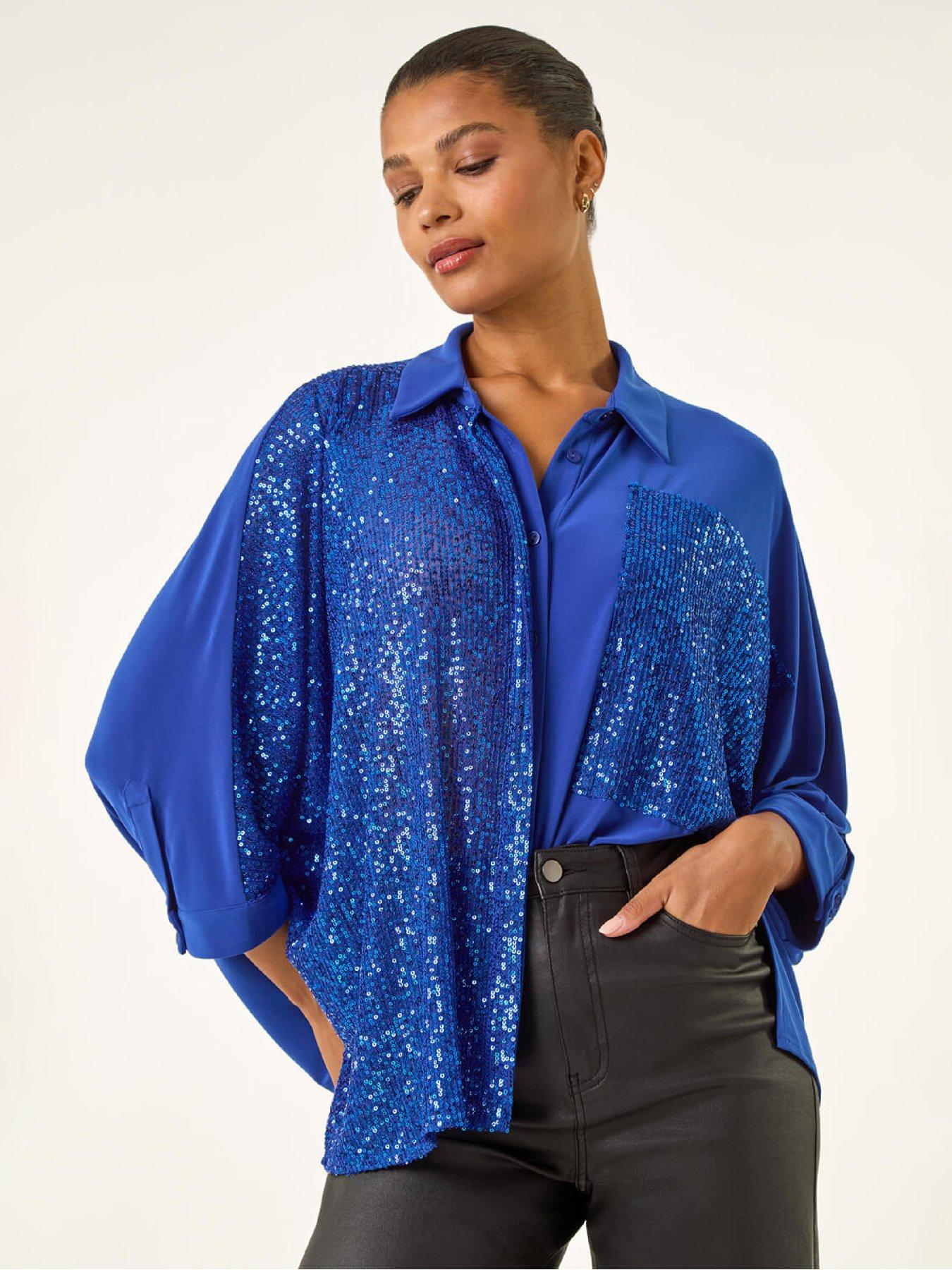 Roman Sequin Buttoned Blouse - Royal Blue