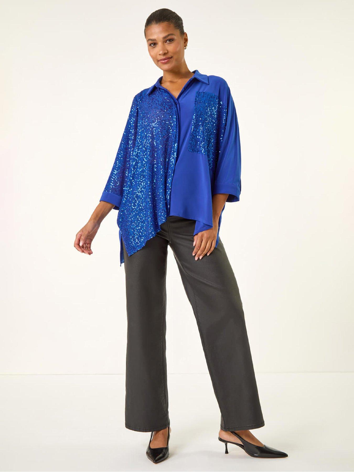 Image 3 of 5 of Roman Sequin Buttoned Blouse - Royal Blue