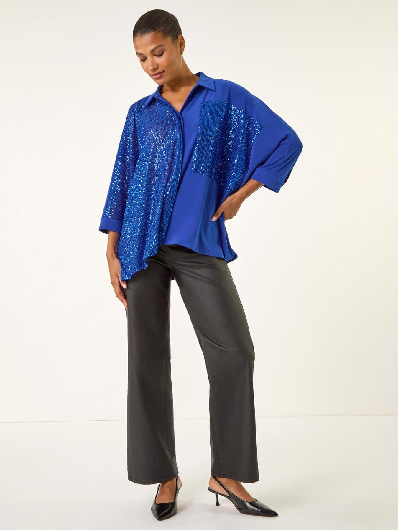 Image 4 of 5 of Roman Sequin Buttoned Blouse - Royal Blue