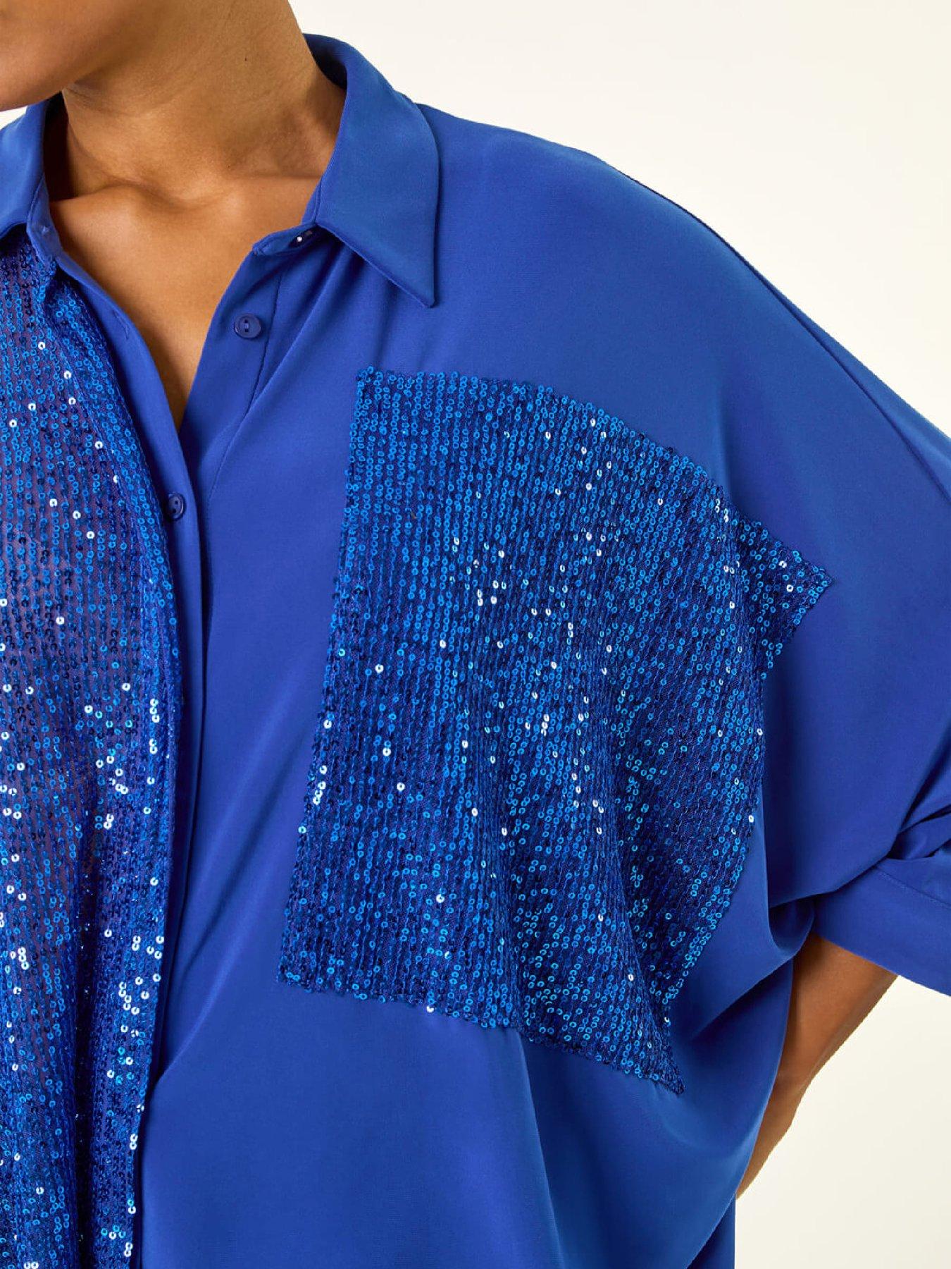 Image 5 of 5 of Roman Sequin Buttoned Blouse - Royal Blue