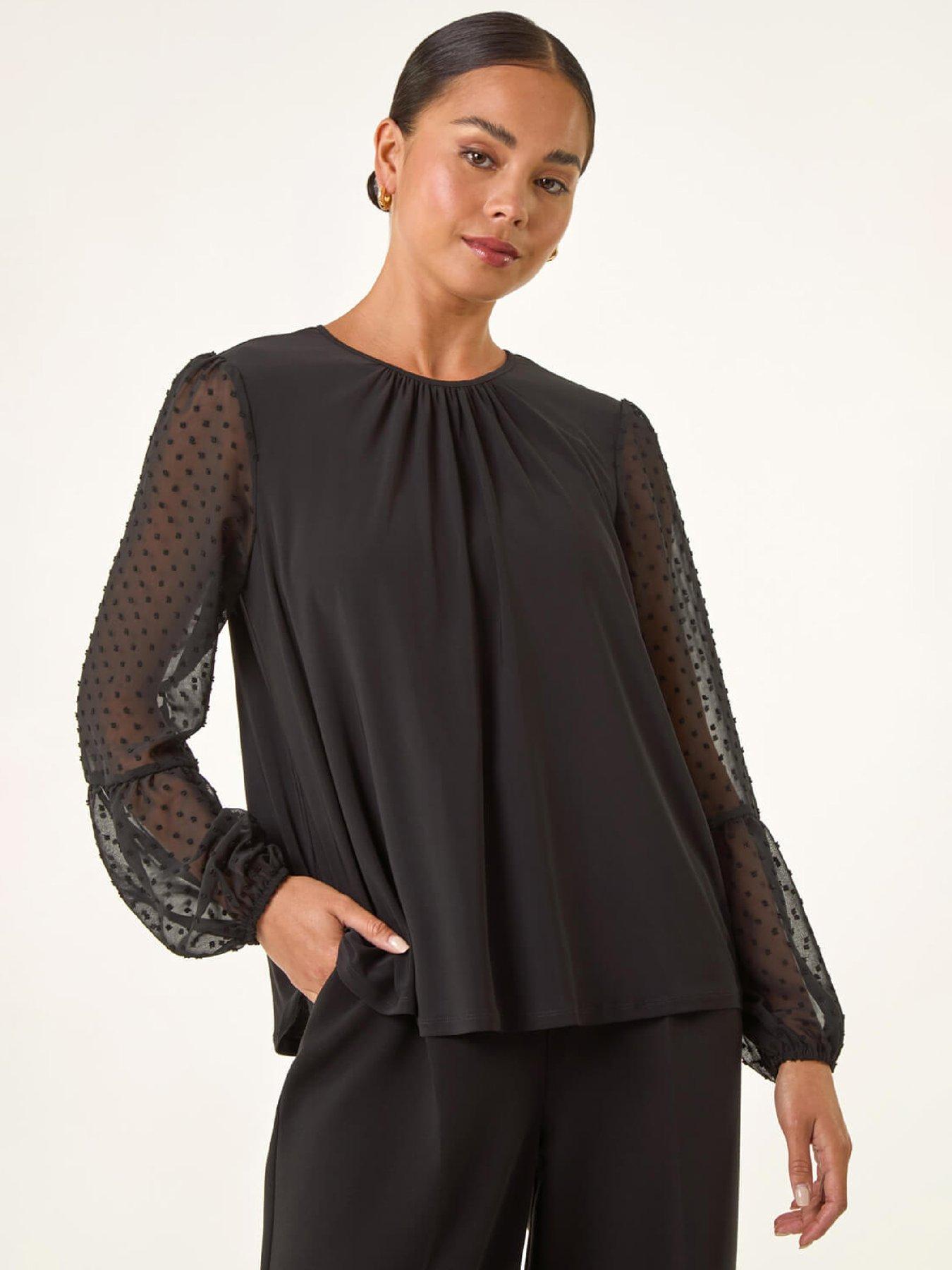 Roman Petite Contrast Dobby Stretch Top - Black