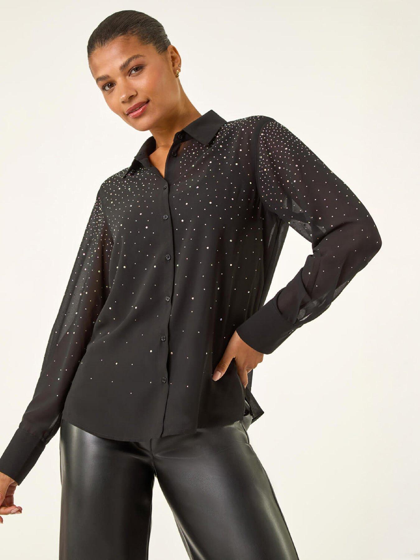  image of roman-diamante-hotfix-button-blouse-black