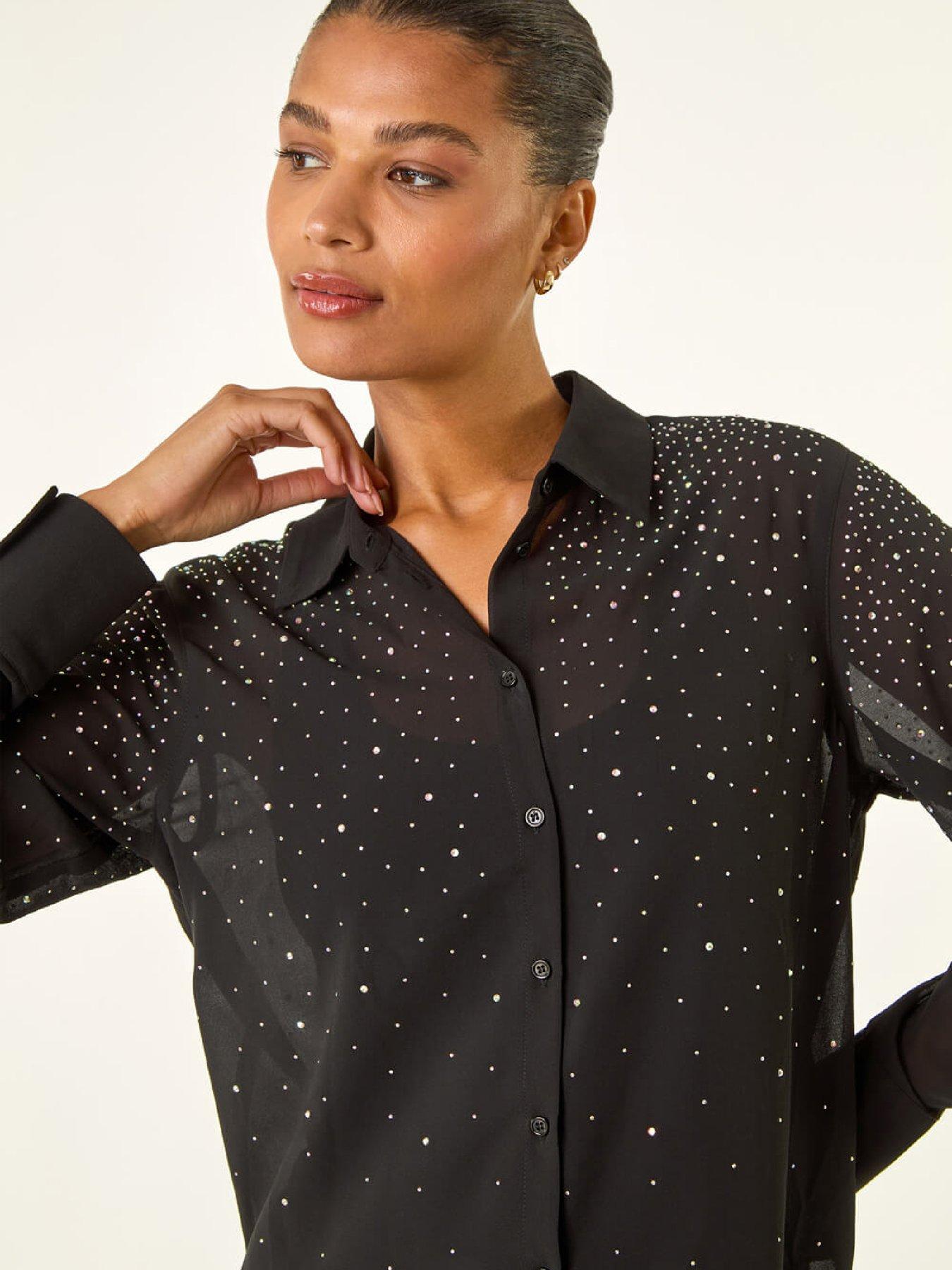  image of roman-diamante-hotfix-button-blouse-black