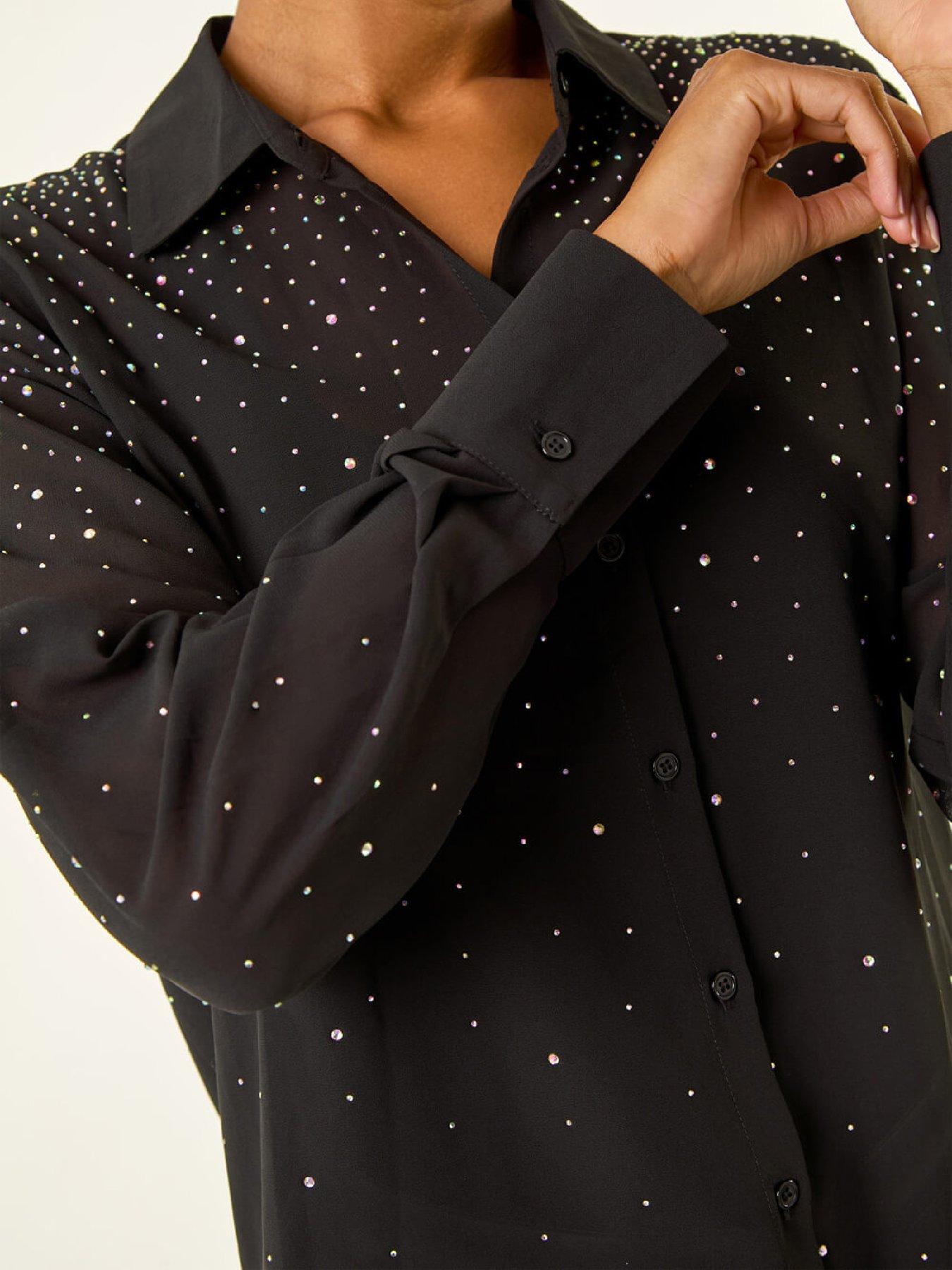  image of roman-diamante-hotfix-button-blouse-black