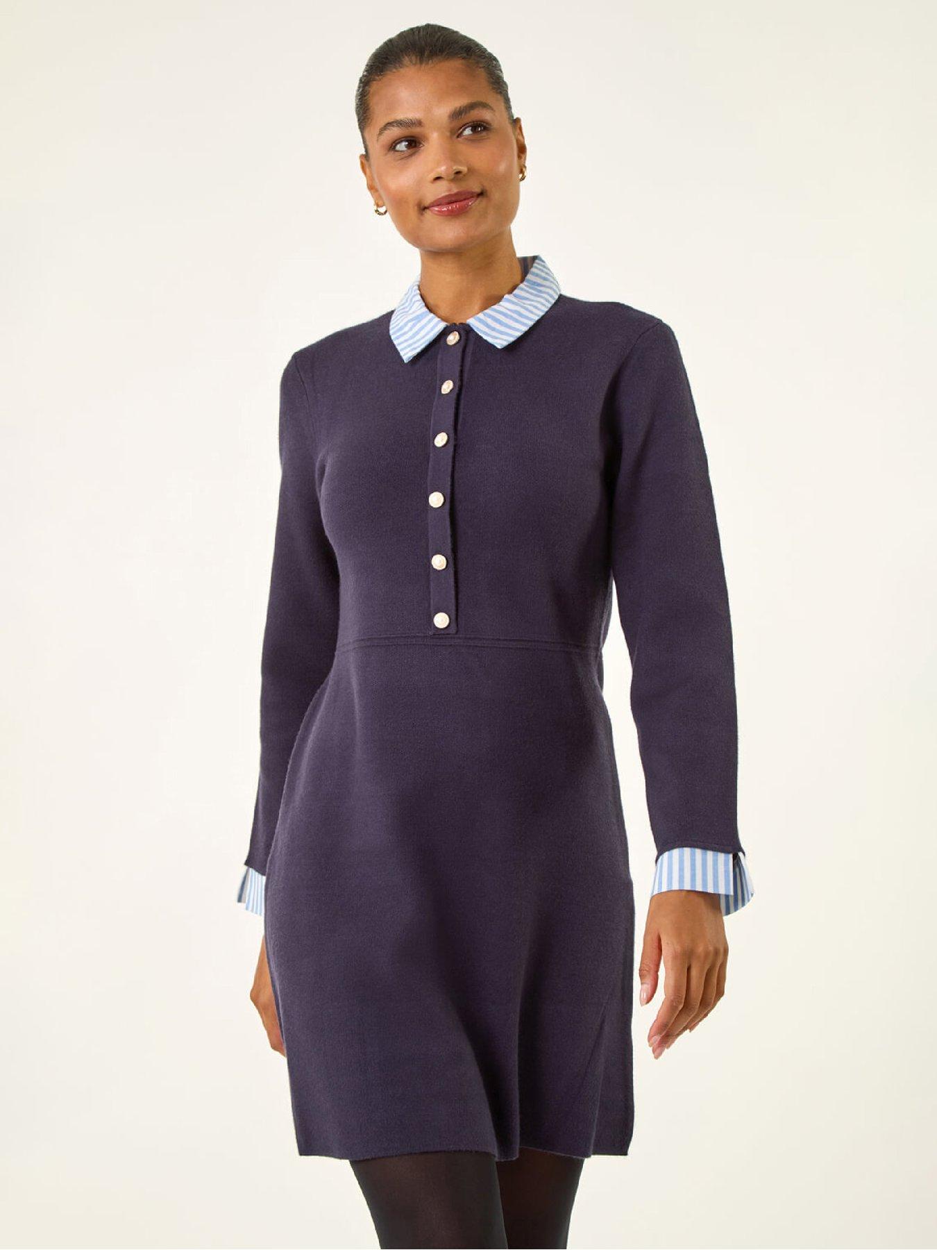 Roman Stripe Collar Buttoned Knit Dress - Navy