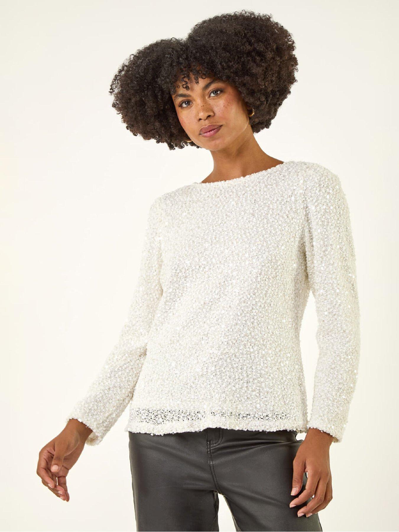 Roman Sequin Bow Back Snit Top - Ivory