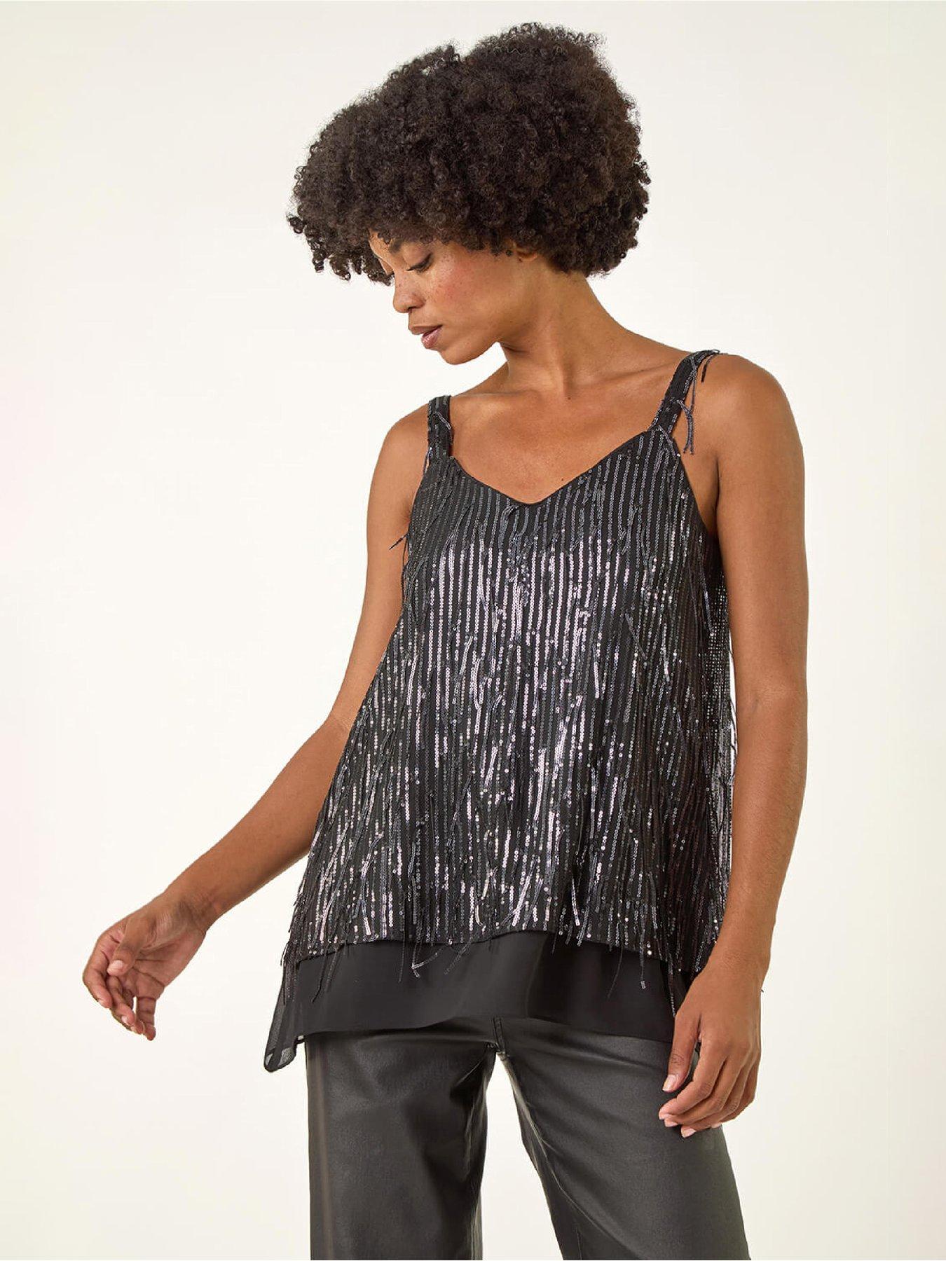 Roman Tassel Sequin Chiffon Top - Dark Grey