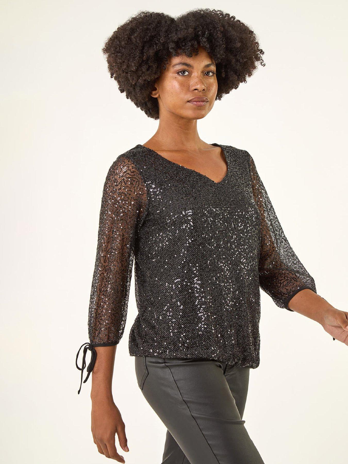 Roman Sequin Mesh Blouson Top - Black