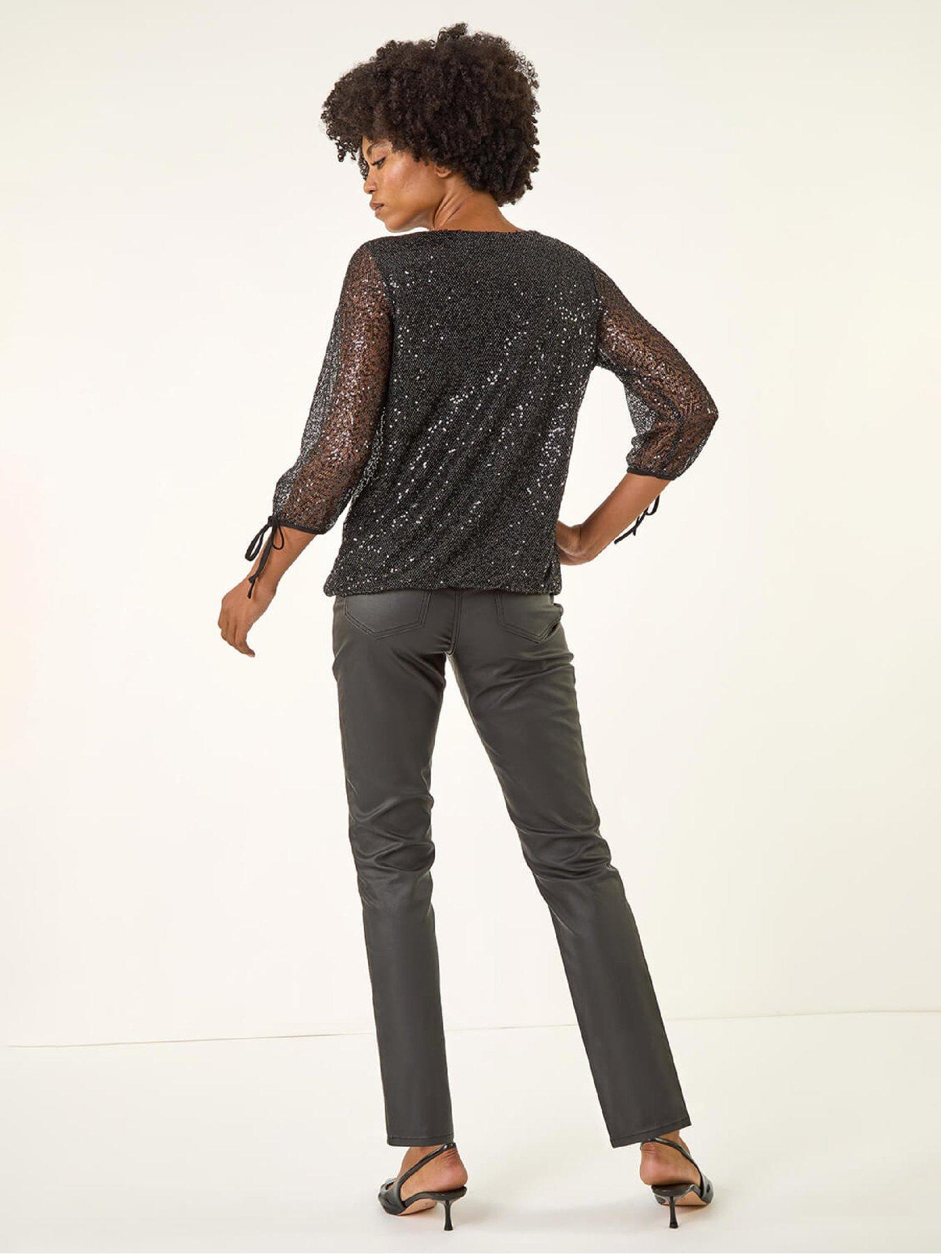  image of roman-sequin-mesh-blouson-top-black