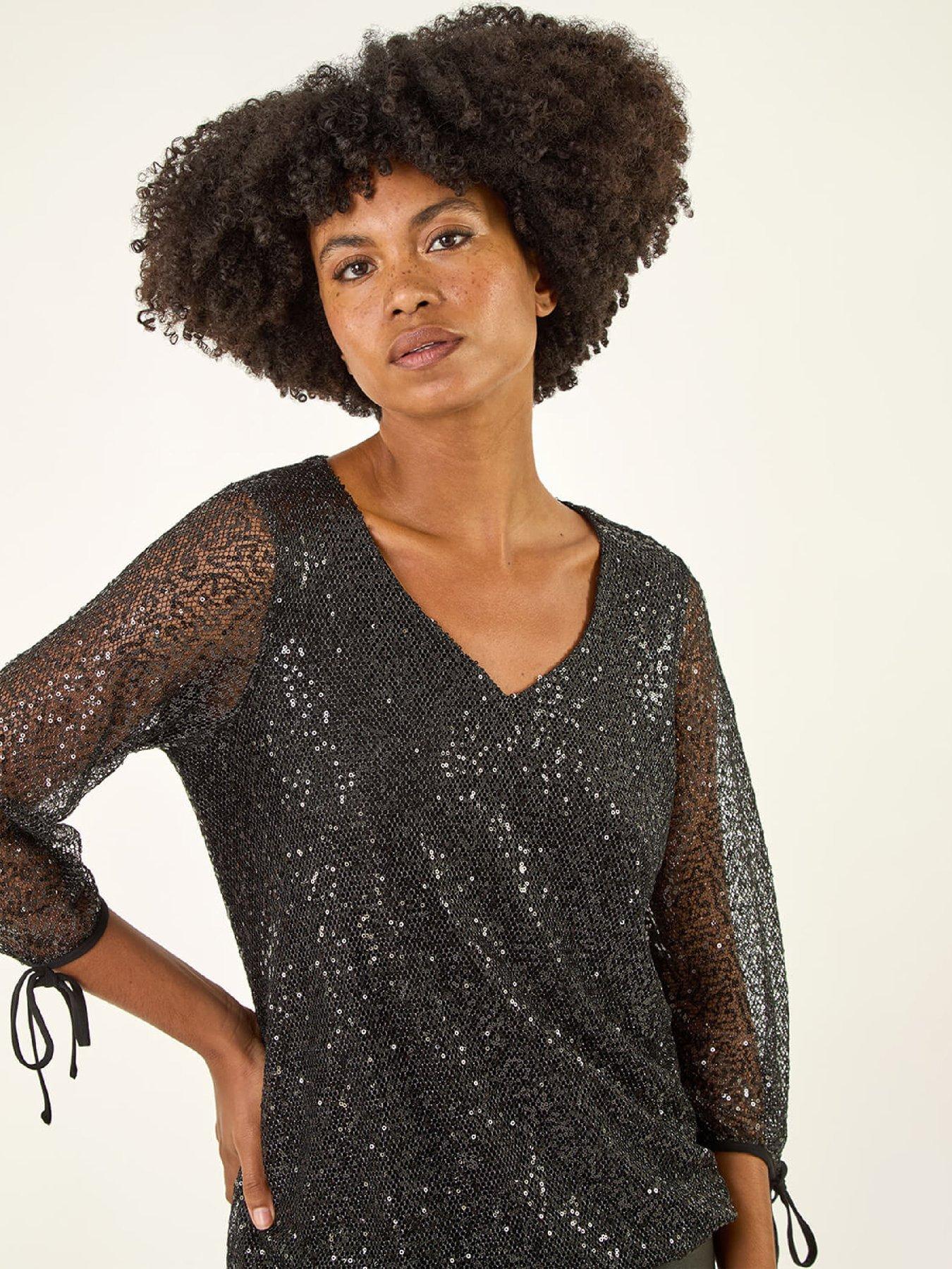  image of roman-sequin-mesh-blouson-top-black