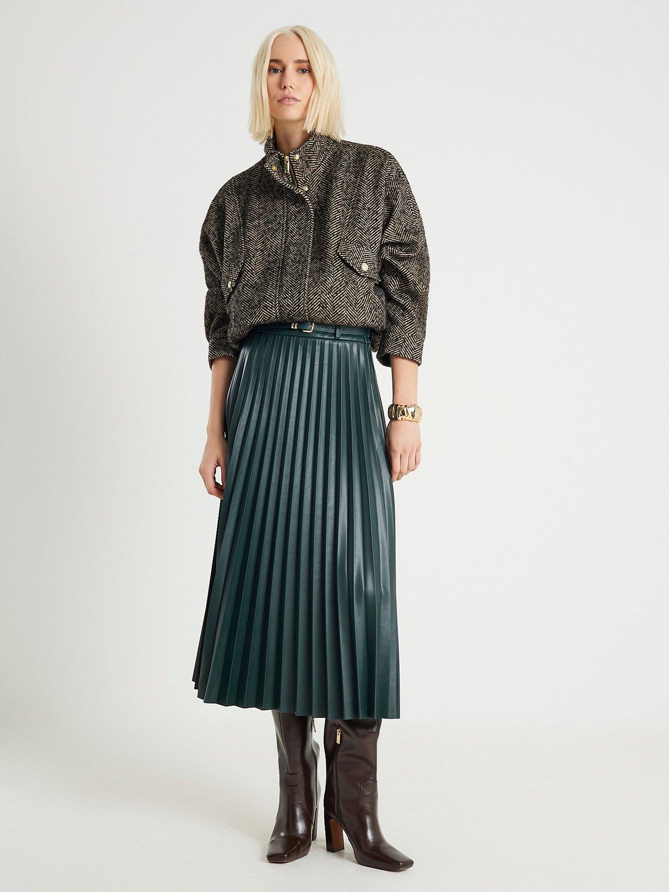 River Island Belted Pleated Midi Skirt - Green