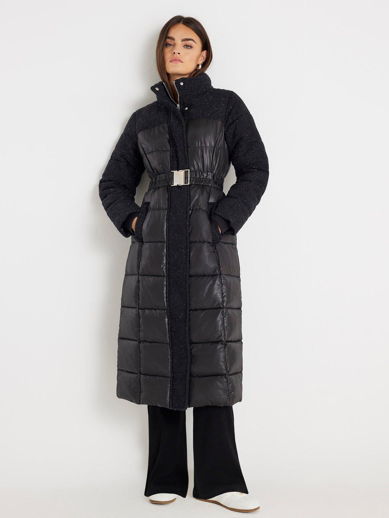 River Island Boucle Mix Long Puffer - Black