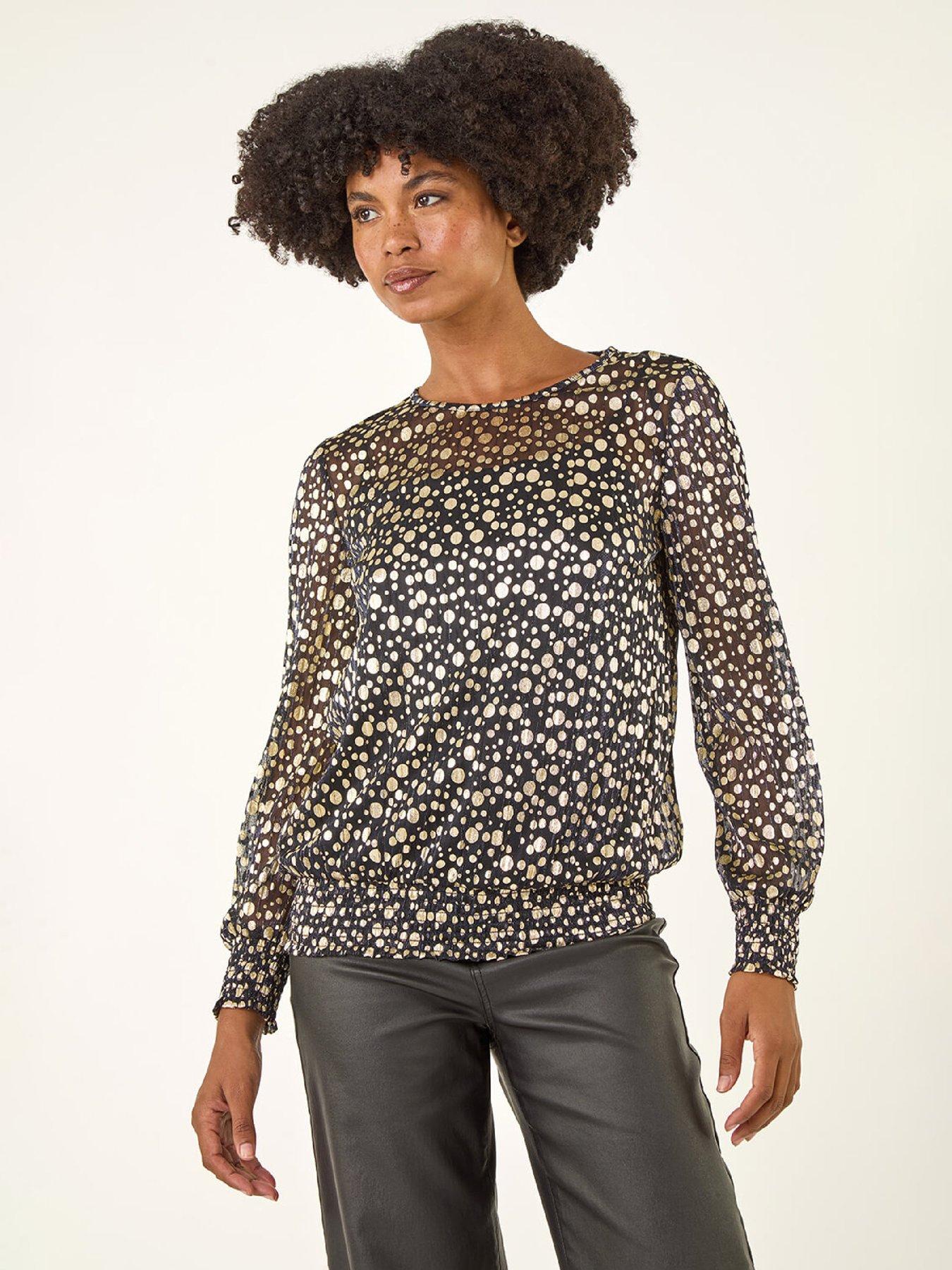 Roman Spot Print Plisse Shirred Top - Gold