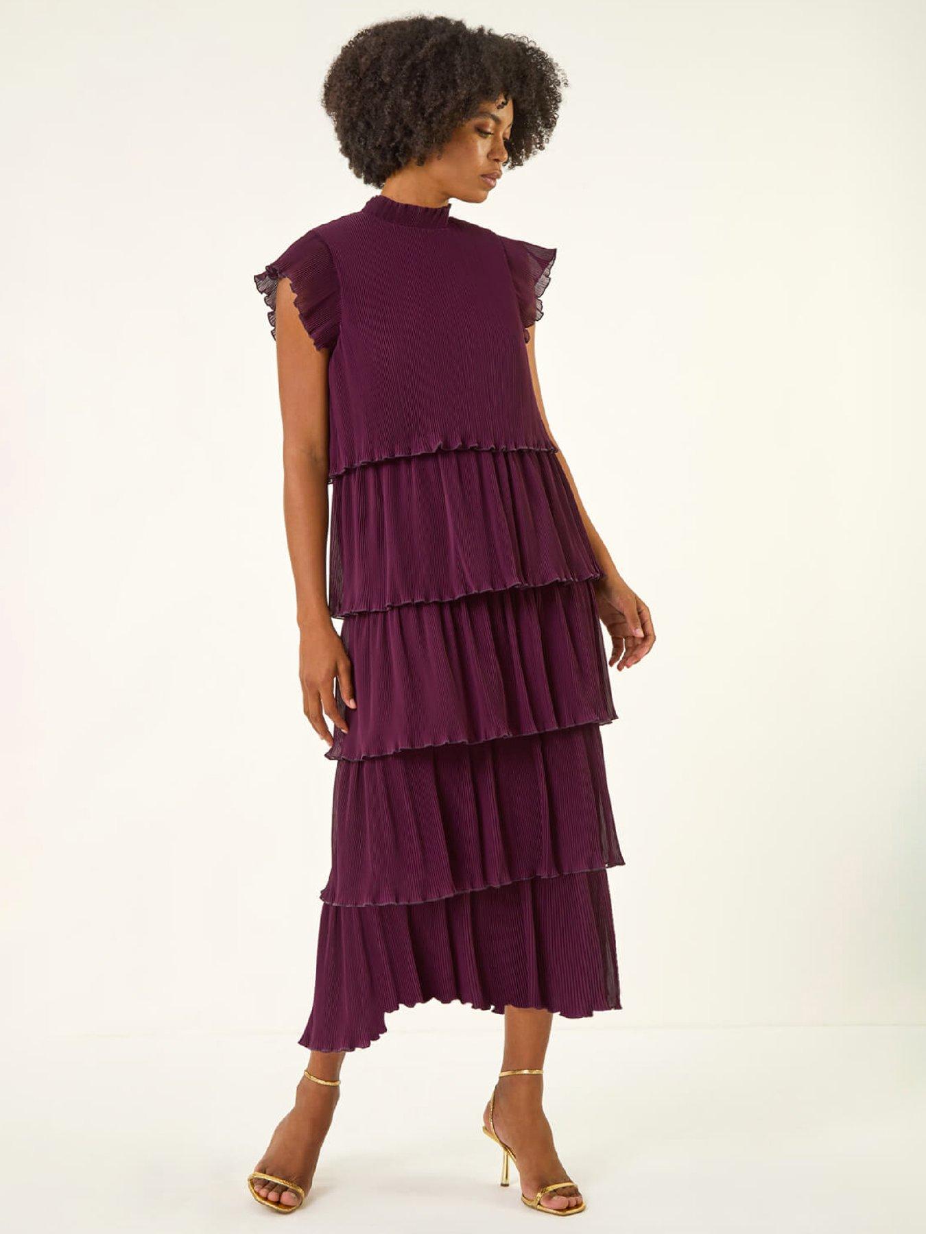 Image 1 of 5 of Roman High Neck Tiered Pleat Midi Dress - Purple