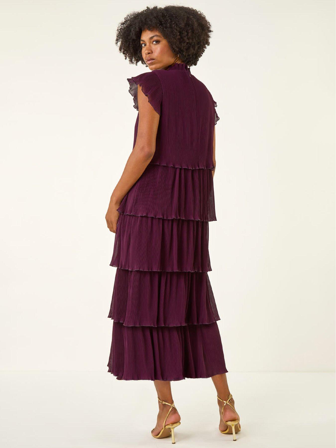 Image 2 of 5 of Roman High Neck Tiered Pleat Midi Dress - Purple