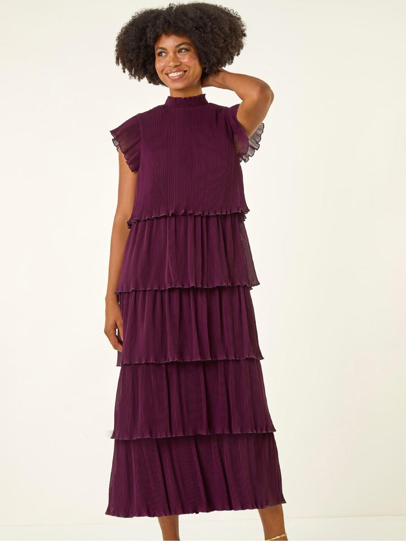 Image 3 of 5 of Roman High Neck Tiered Pleat Midi Dress - Purple