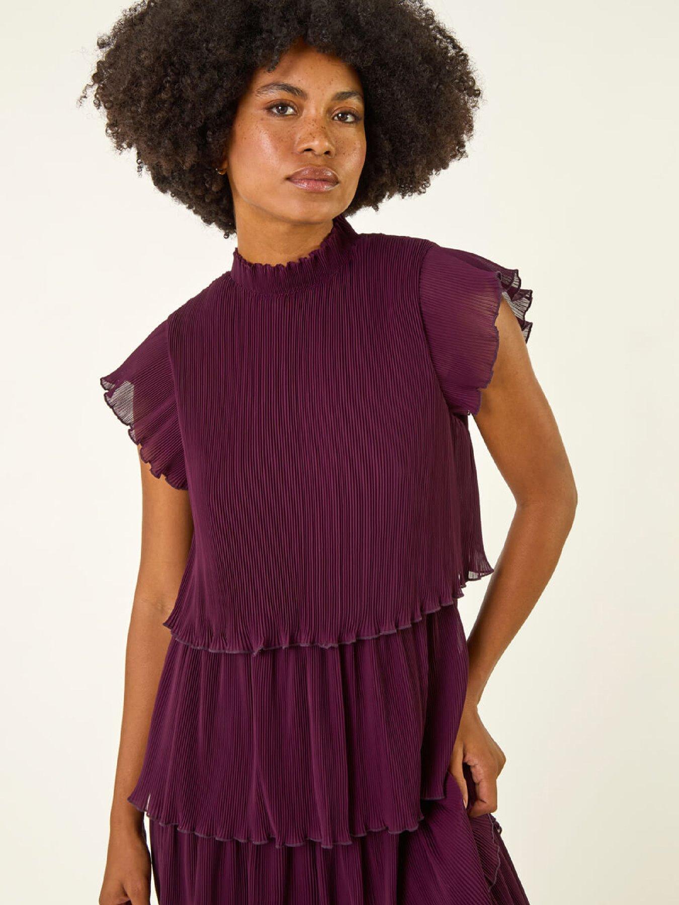 Image 4 of 5 of Roman High Neck Tiered Pleat Midi Dress - Purple