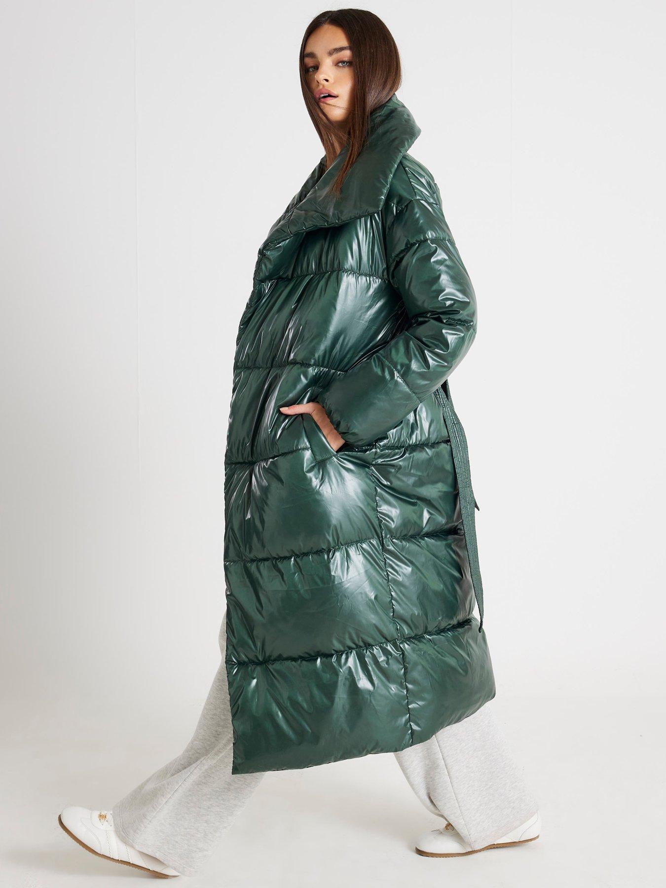  image of river-island-high-shine-duvet-padded-coat-green