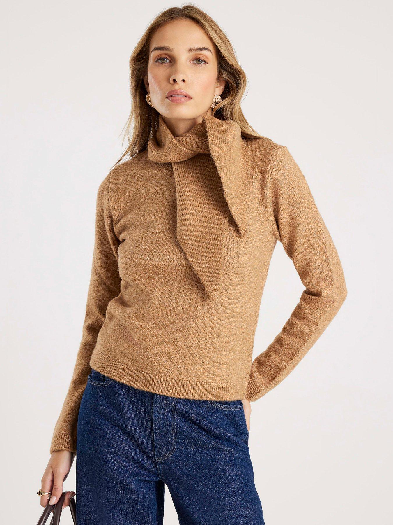 front image of river-island-knit-scarf-jumper-brown
