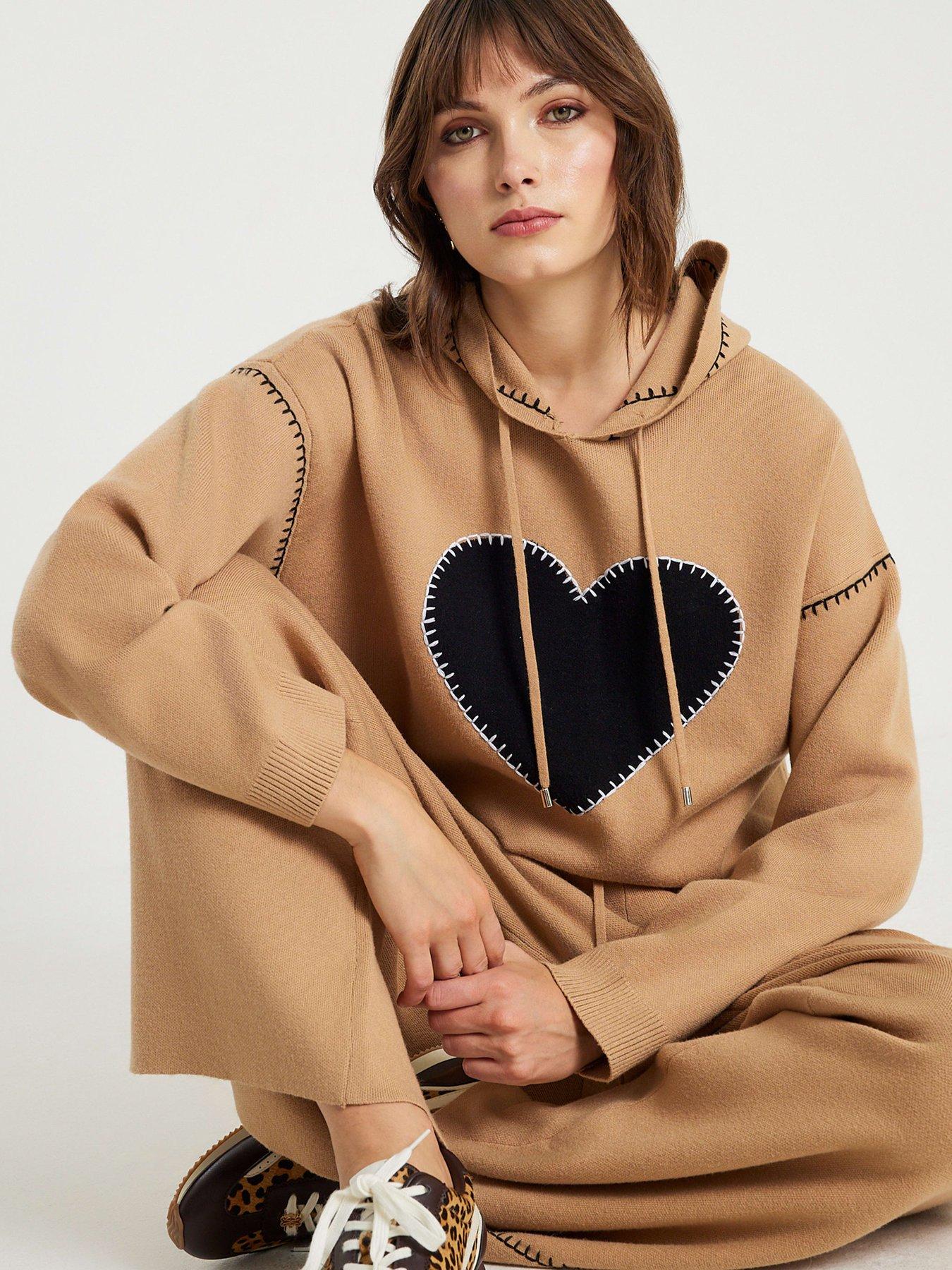 Image 1 of 4 of River Island Knitted Heart Hoodie - Brown