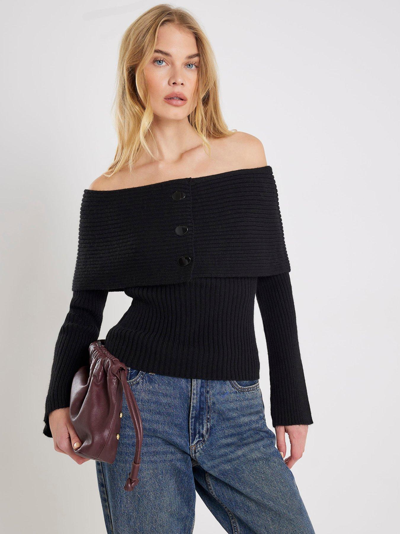 River Island Long Sleeve Button Bardot Jumper - Black