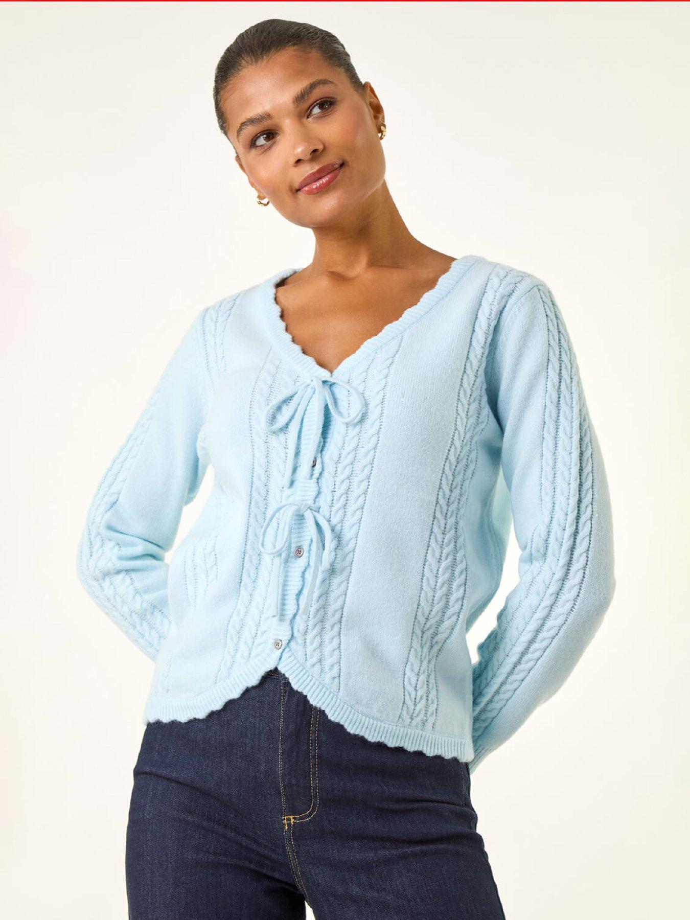 Roman Bow Front Buttoned Knit Cardigan - Blue