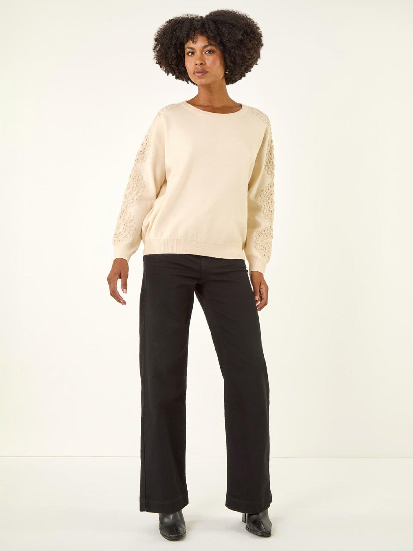  image of roman-embroidered-sleeve-knit-jumper-ivory