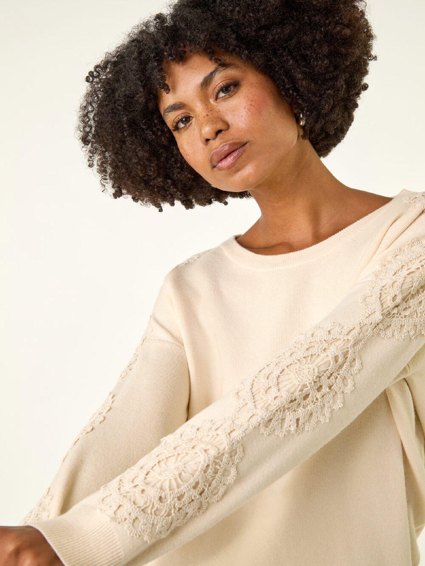  image of roman-embroidered-sleeve-knit-jumper-ivory
