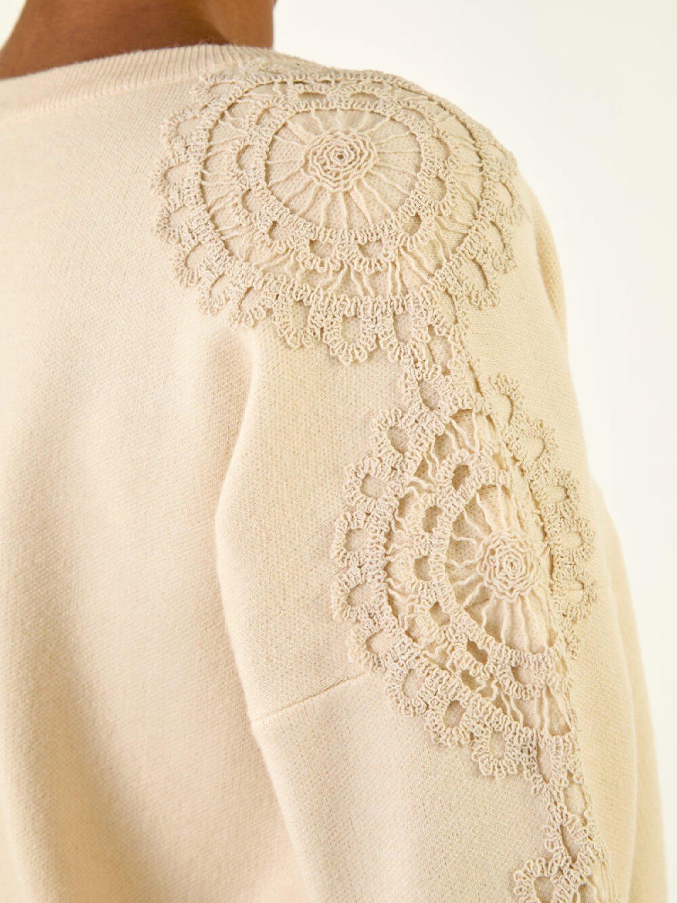  image of roman-embroidered-sleeve-knit-jumper-ivory