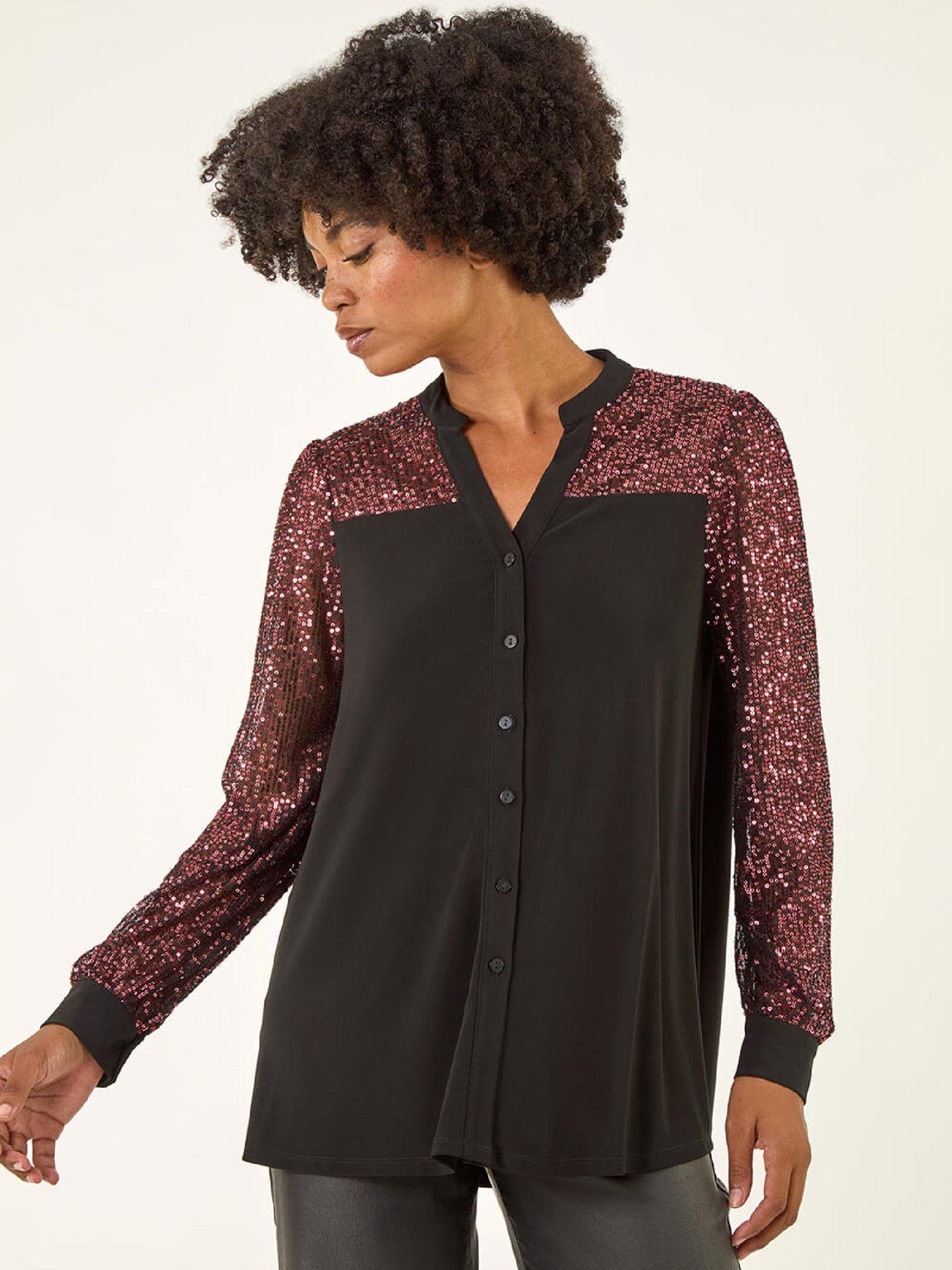 Roman Embellished Sequin Stretch Blouse - Rose