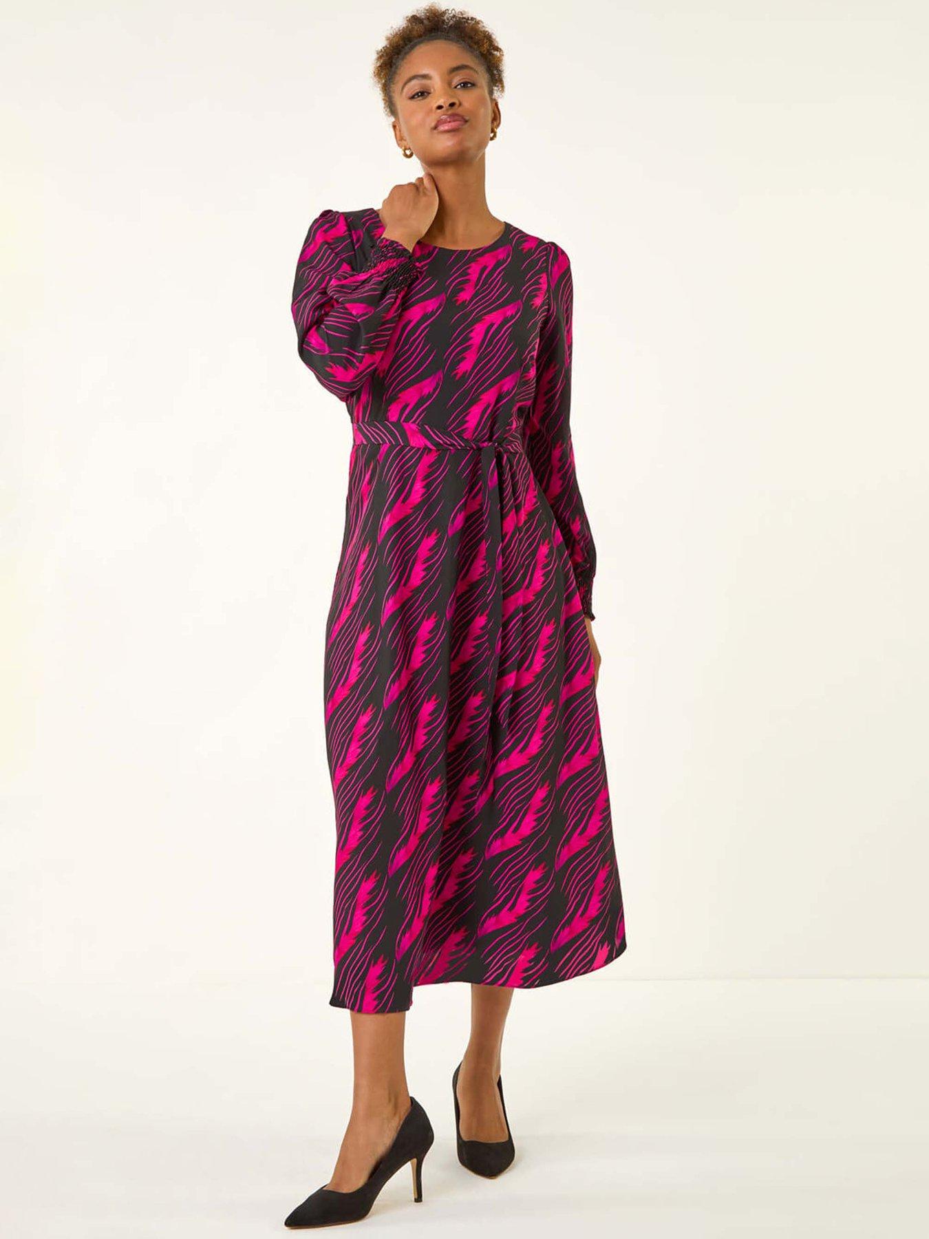 Roman Abstract Feather Shirred Midi Dress - Pink