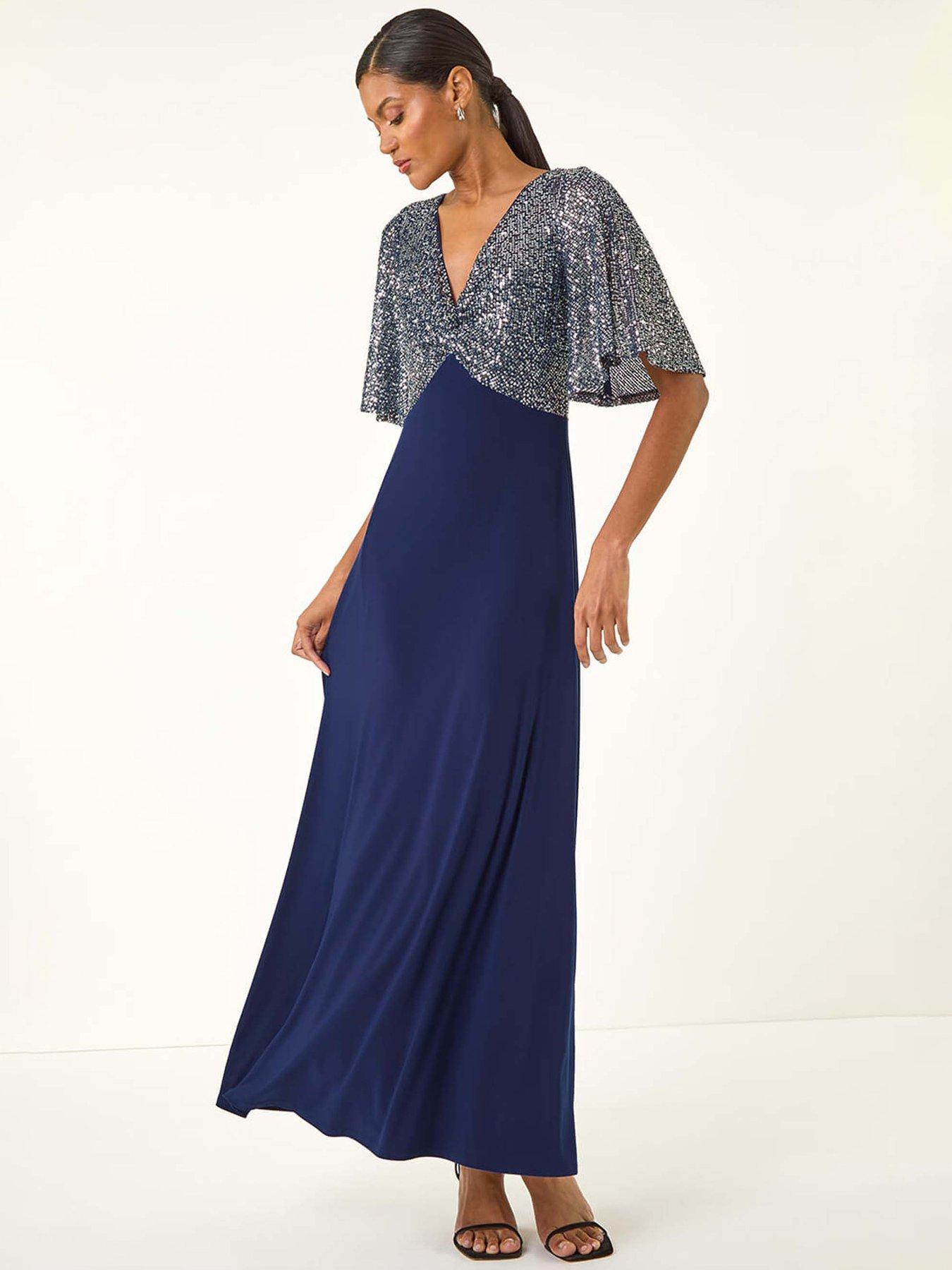 Roman Sequin Flutter Sleeve Midi Dress - Navy