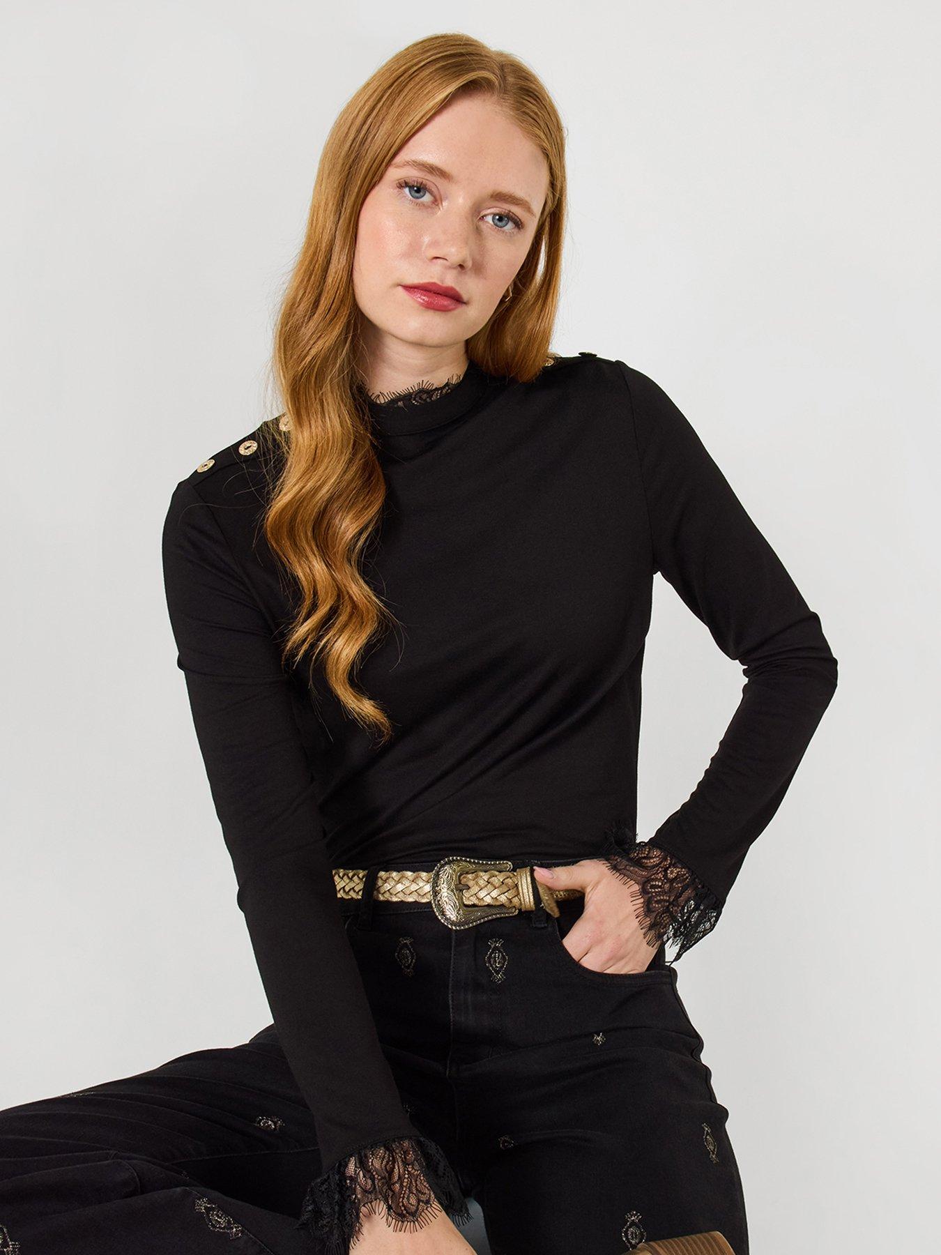 Joe Browns Delicate Lace Trim High Neck Top - Black