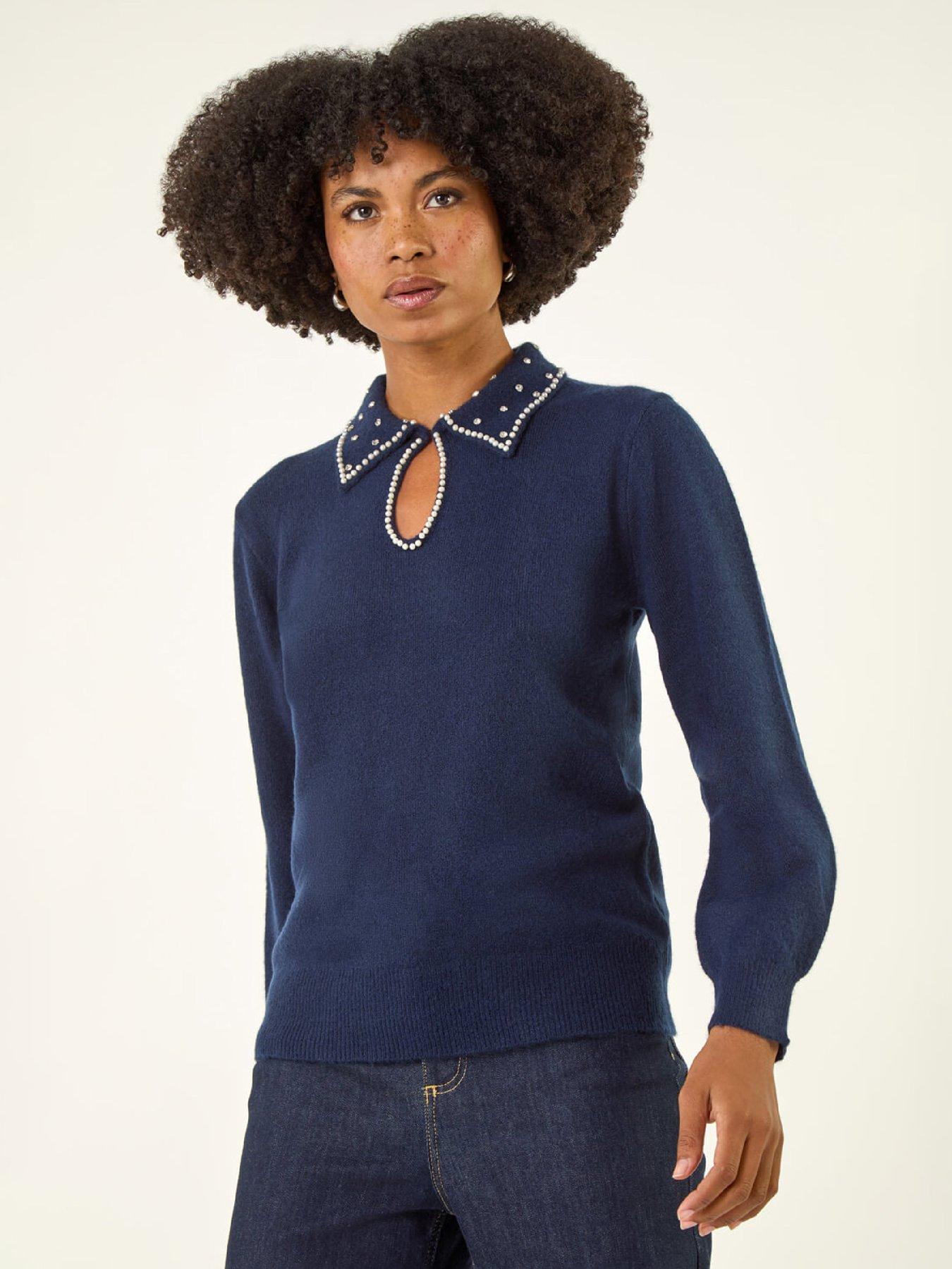  image of roman-faux-pearl-collared-keyhole-knit-jumper-navy