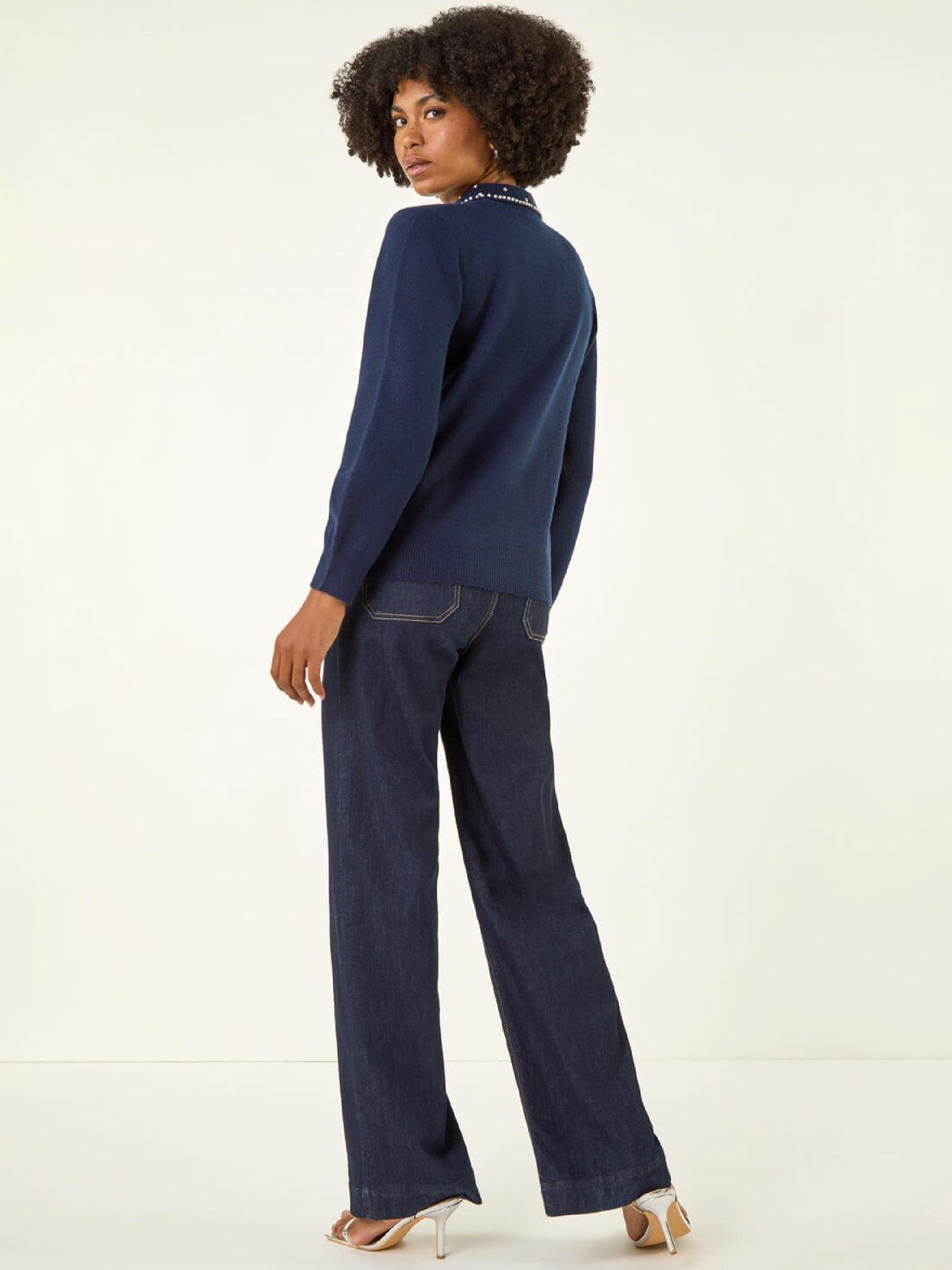  image of roman-faux-pearl-collared-keyhole-knit-jumper-navy