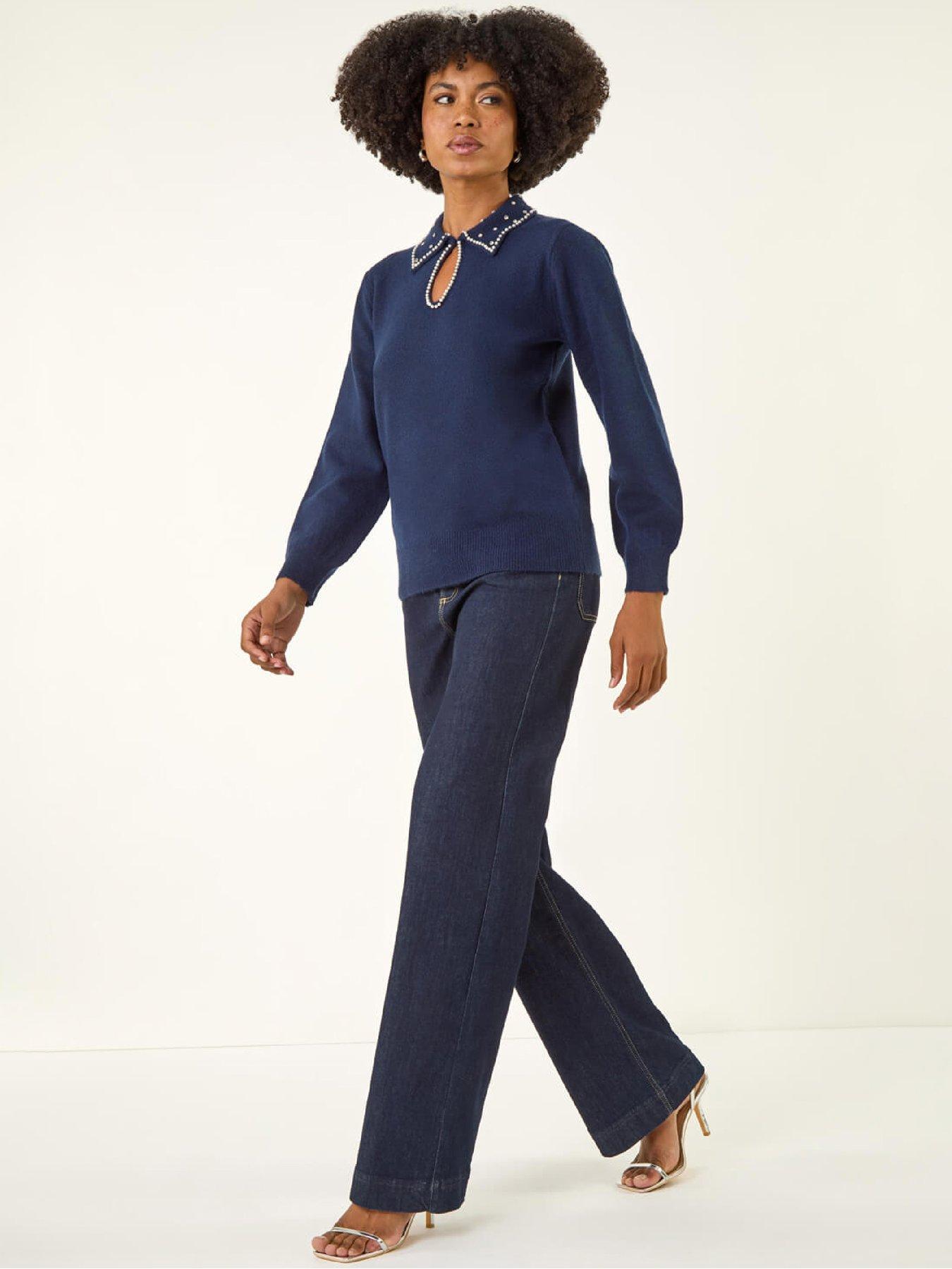  image of roman-faux-pearl-collared-keyhole-knit-jumper-navy