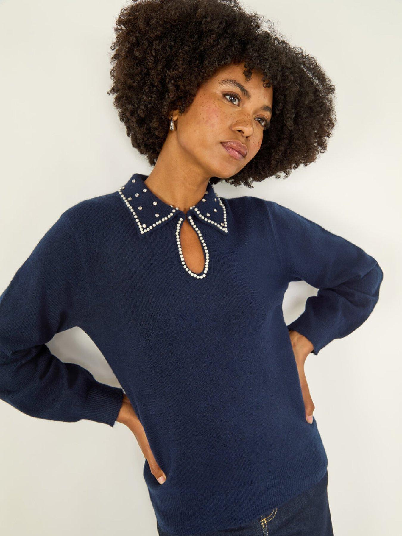  image of roman-faux-pearl-collared-keyhole-knit-jumper-navy