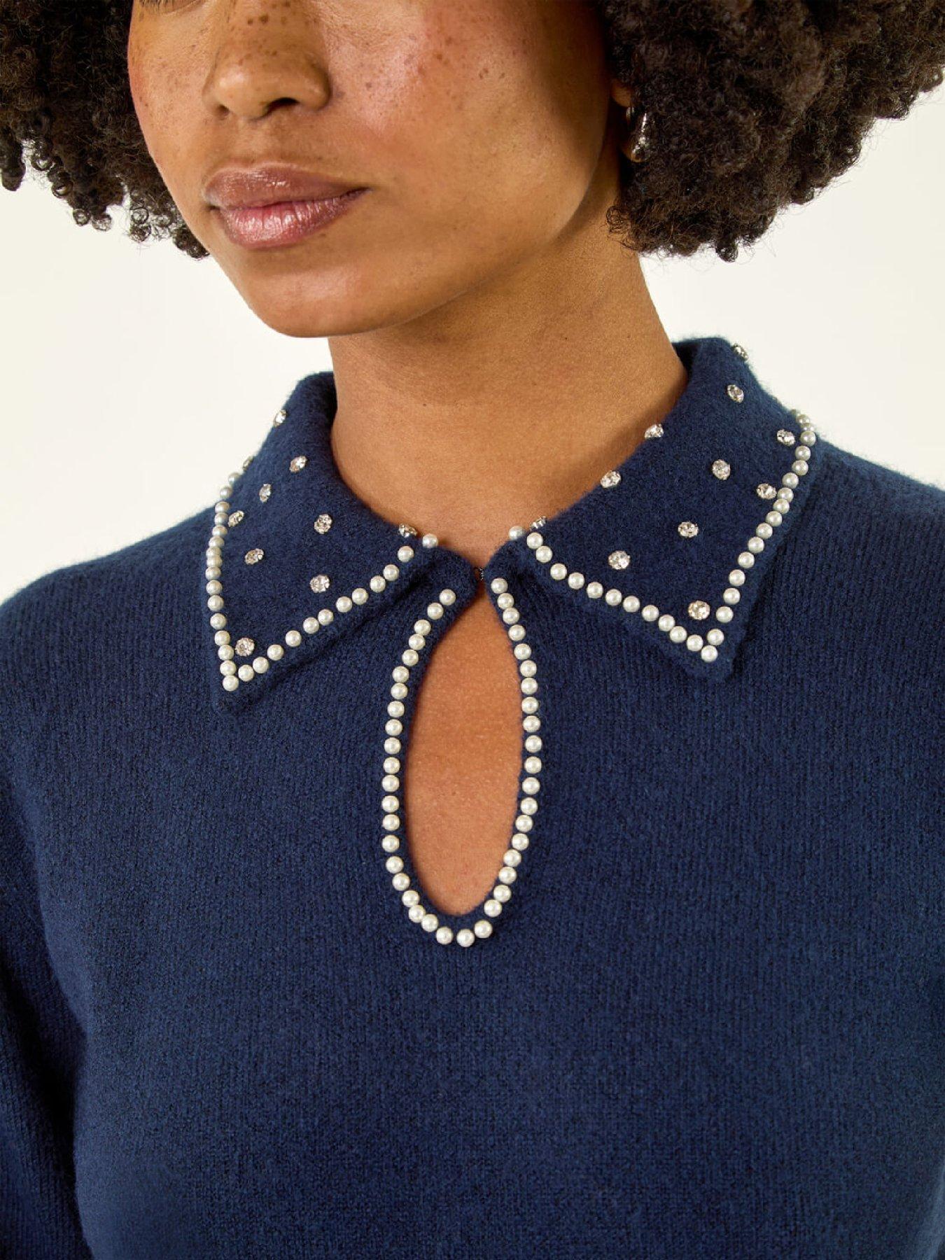  image of roman-faux-pearl-collared-keyhole-knit-jumper-navy
