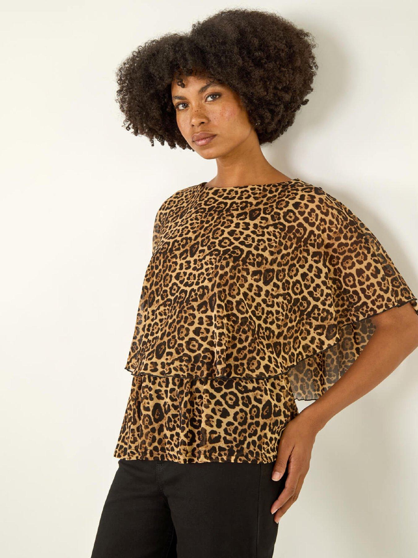  image of roman-animal-print-mesh-overlay-top-tan