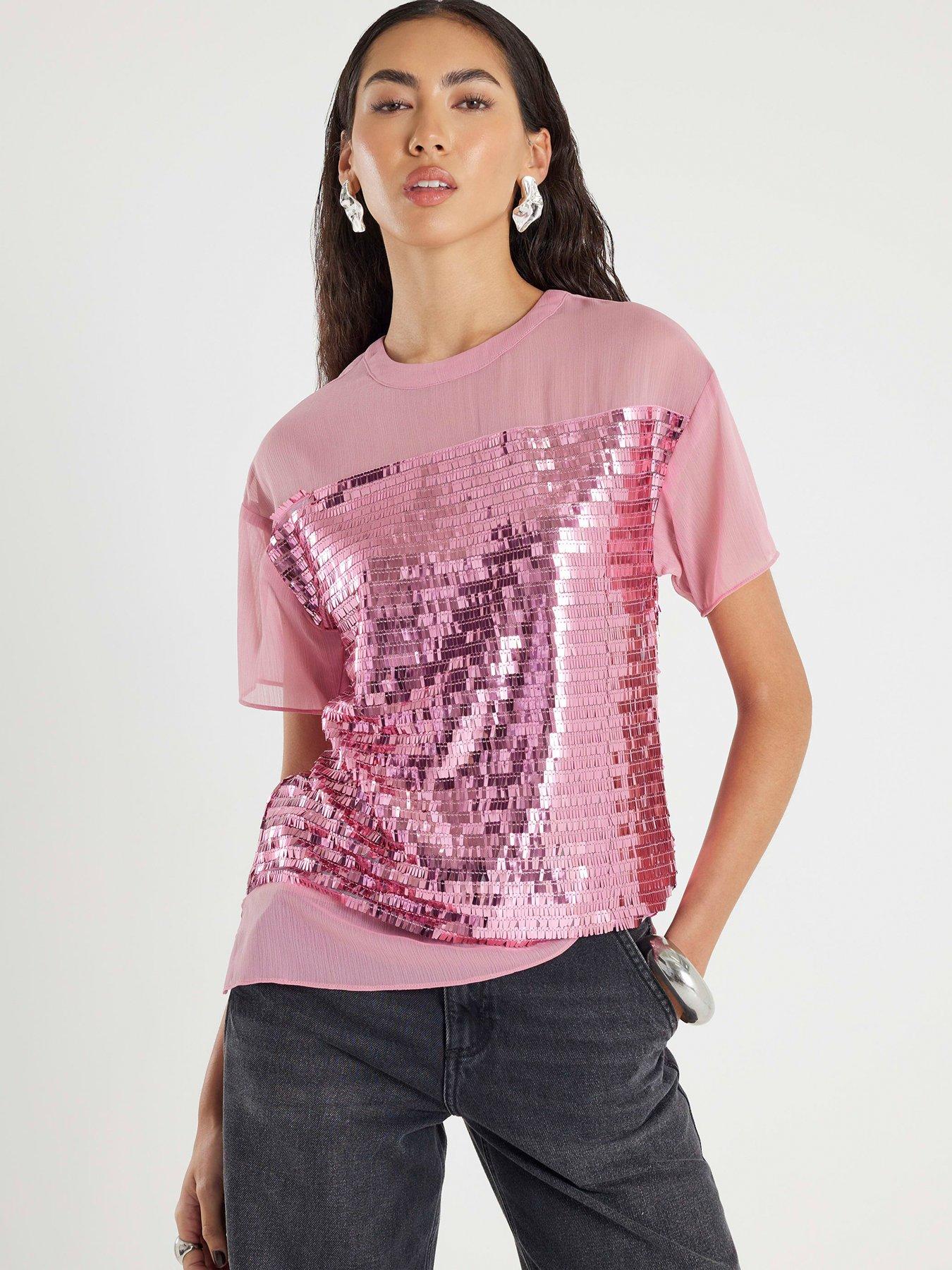 front image of river-island-mix-fabric-sequin-top-pink