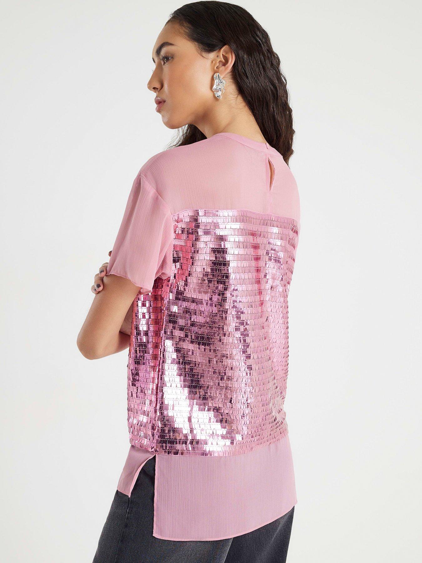 stillFront image of river-island-mix-fabric-sequin-top-pink