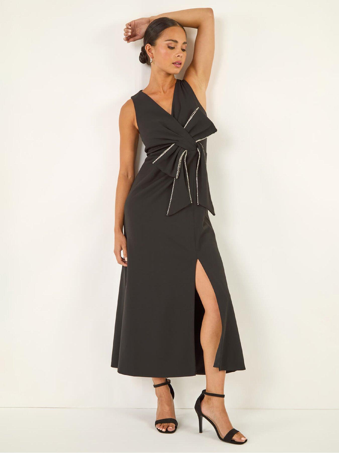 Roman Petite Diamante Bow Trim Maxi Dress - Black