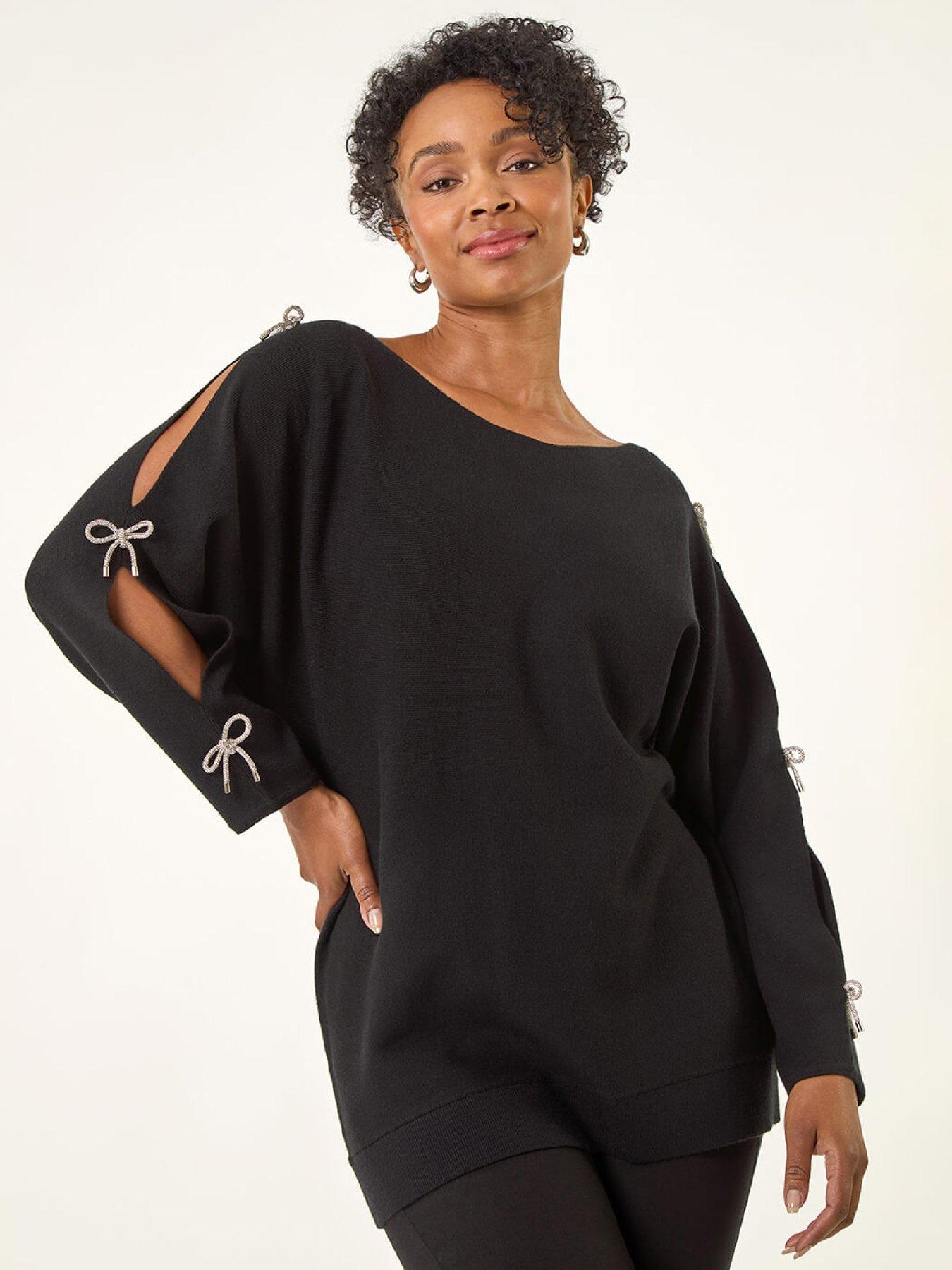  image of roman-petite-bow-trim-sleeve-knit-jumper-black