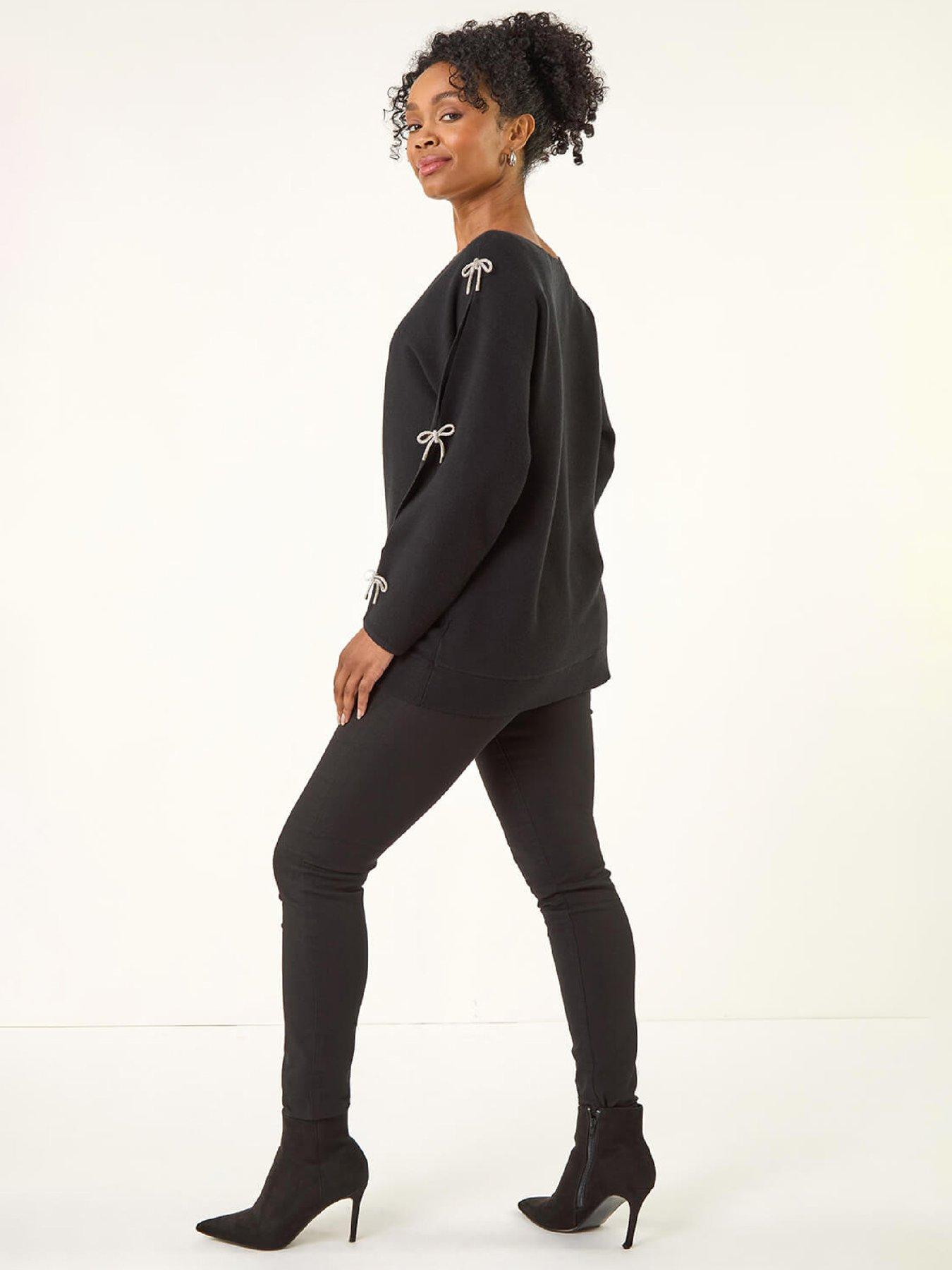  image of roman-petite-bow-trim-sleeve-knit-jumper-black