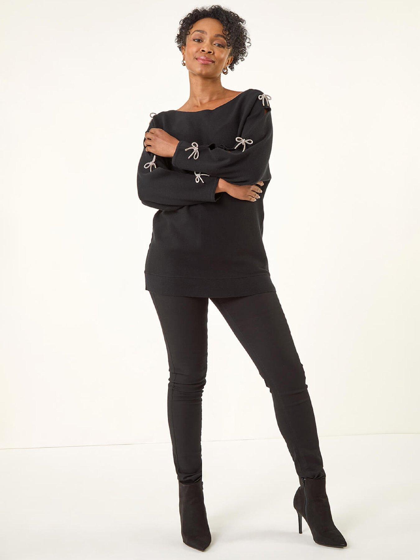  image of roman-petite-bow-trim-sleeve-knit-jumper-black