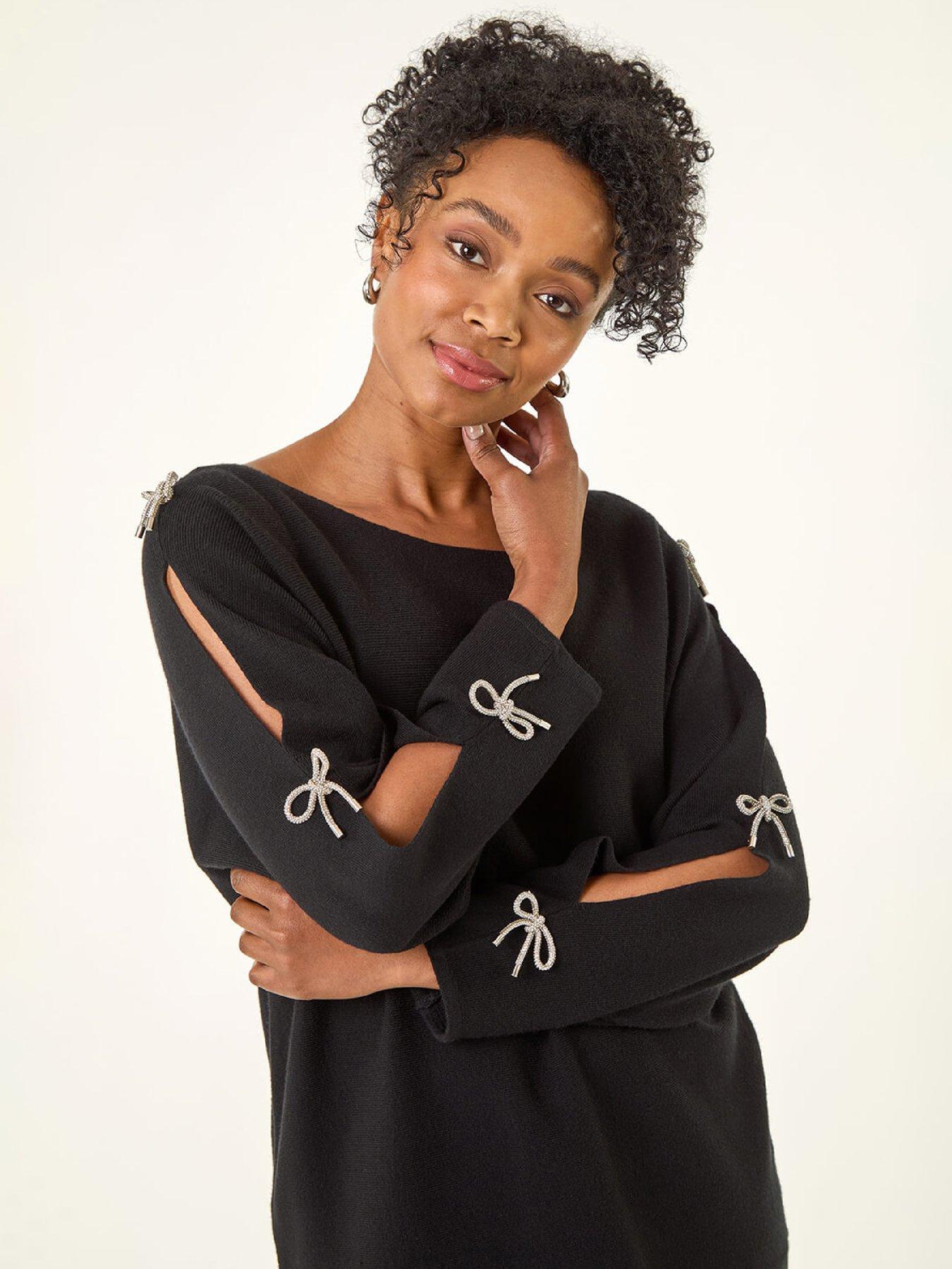  image of roman-petite-bow-trim-sleeve-knit-jumper-black