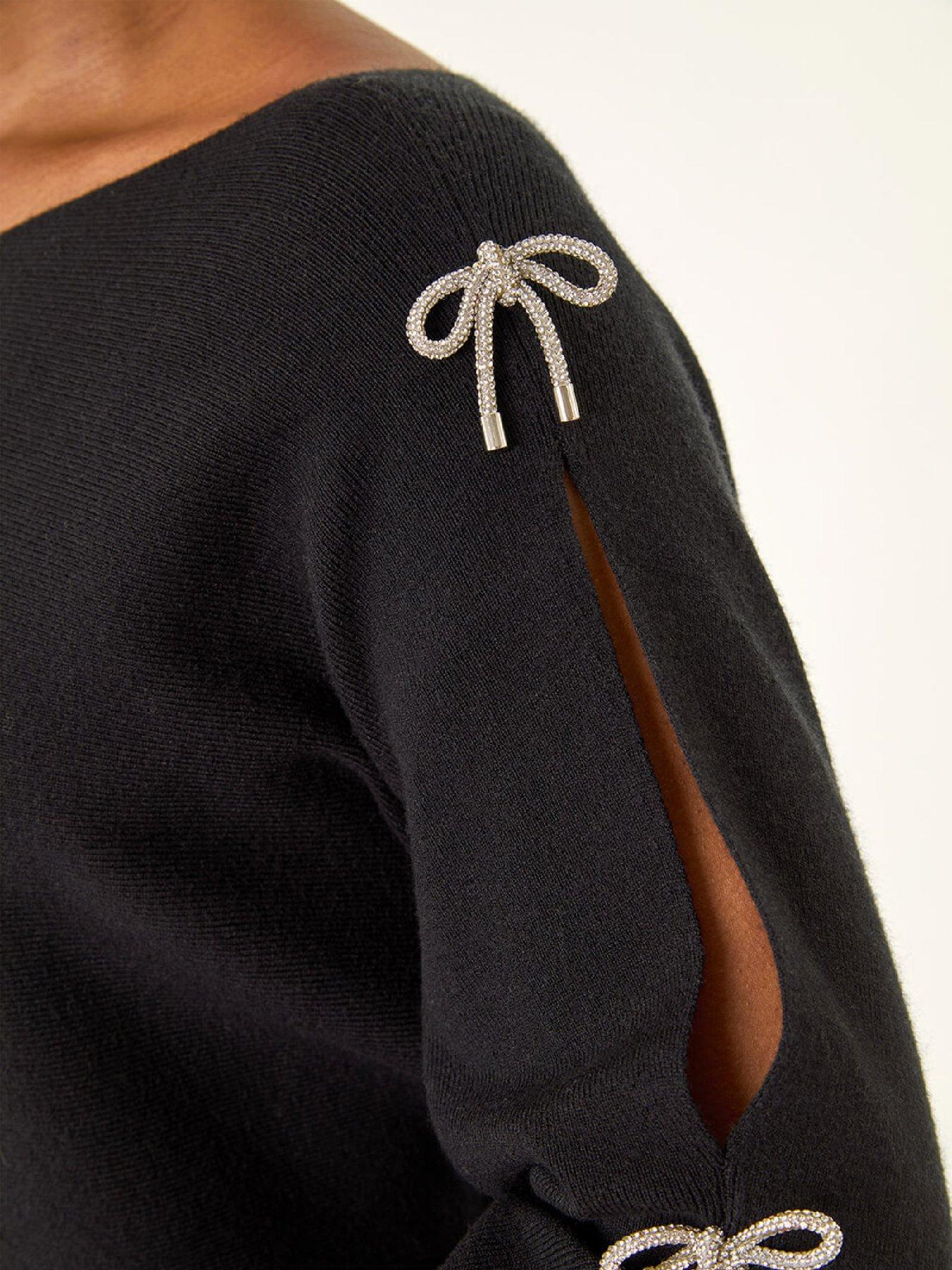  image of roman-petite-bow-trim-sleeve-knit-jumper-black